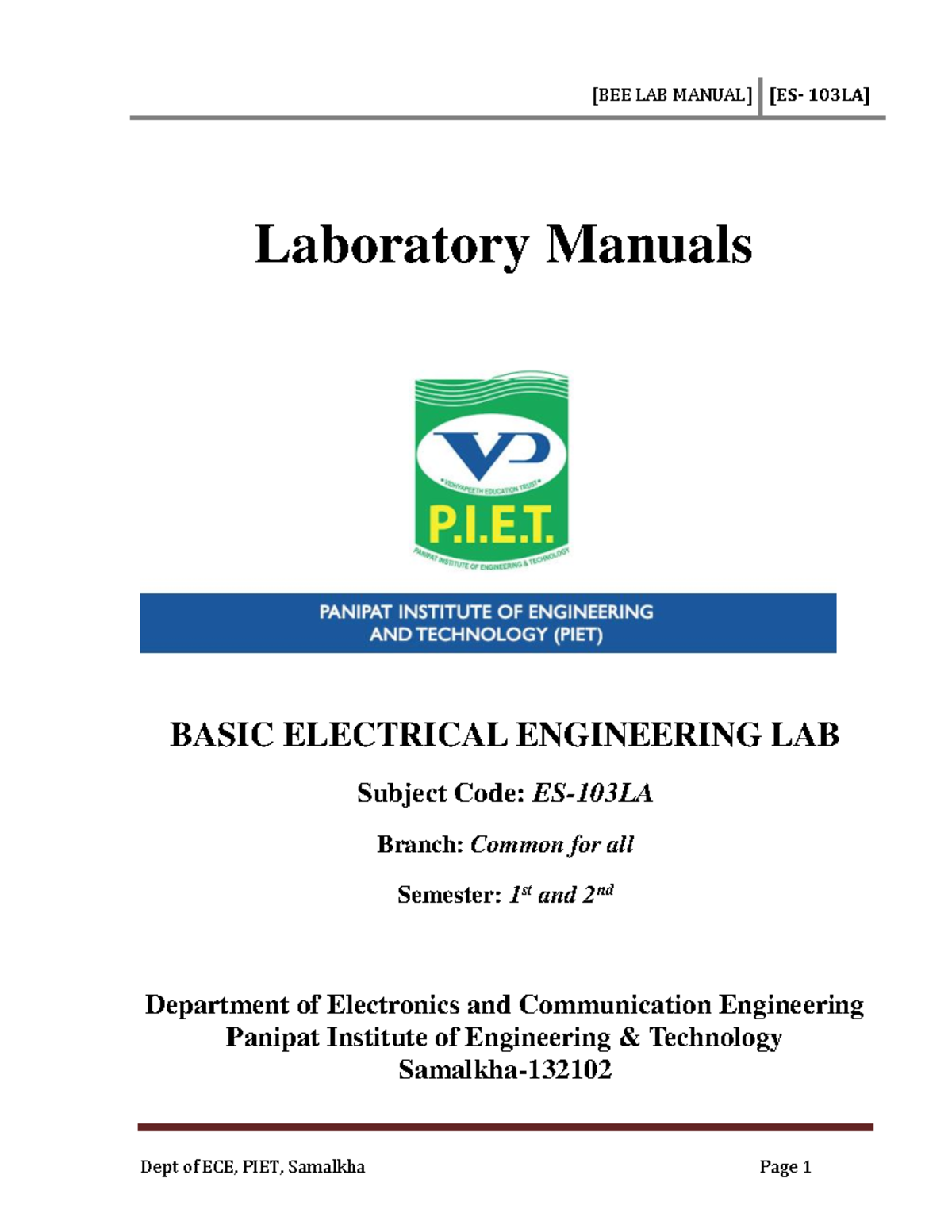 Updated Final BEE lab manual Laboratory Manuals BASIC ELECTRICAL