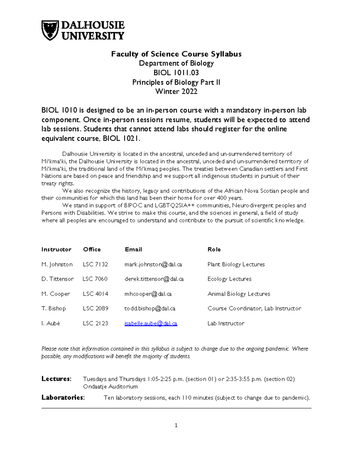 BIOL 1011 Syllabus - Faculty of Science Course Syllabus Department of ...