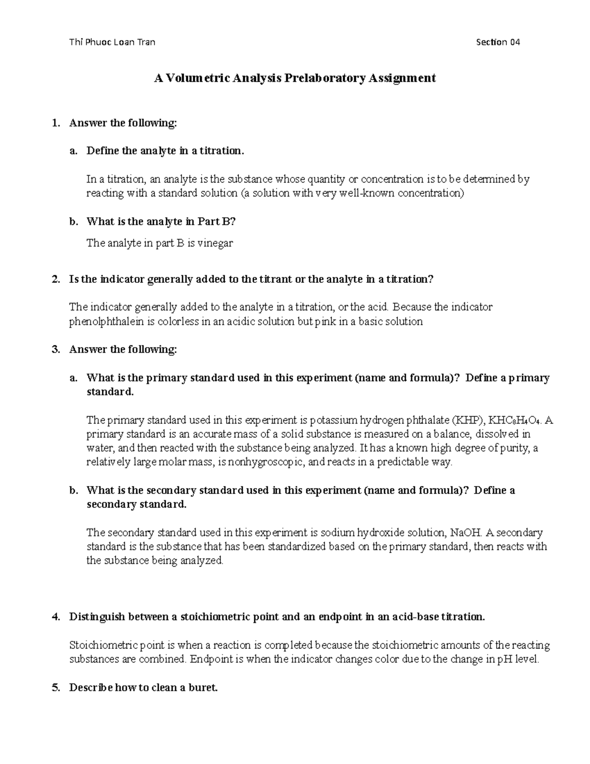 Volumetric Analysis Prelab Thi Phuoc Loan Tran Section 04 A