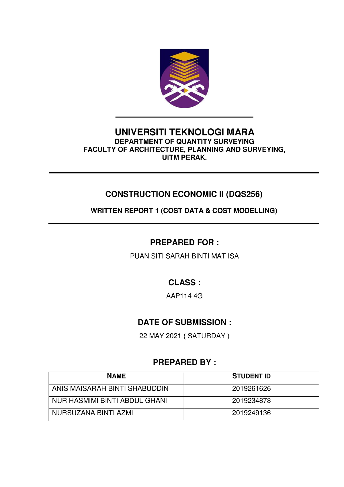 Assignment 1 Group 2 - ECO - Construction Economics I - UiTM - Studocu