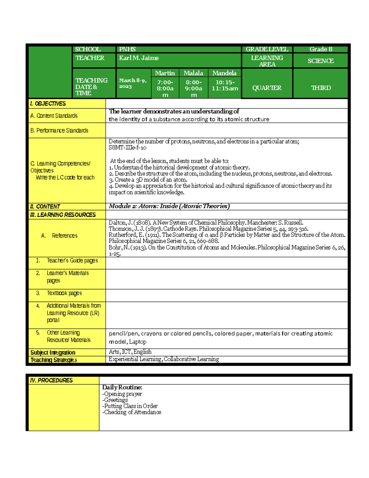 Atomic theories - Copy - SCHOOL PNHS GRADE LEVEL Grade 8 TEACHER Karl M ...
