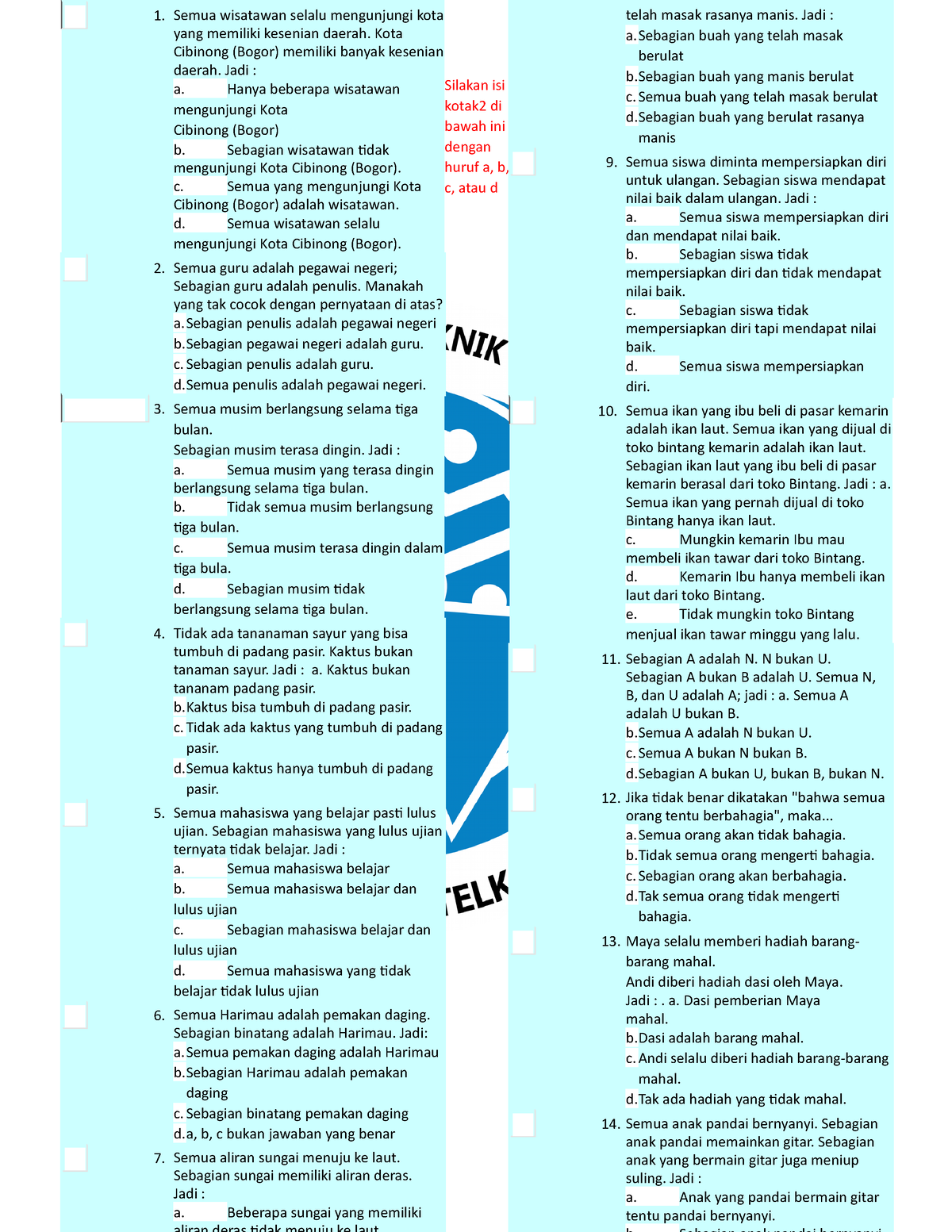 Pilihan Ganda Latihan Logika - Silakan Isi Kotak2 Di Bawah Ini Dengan ...