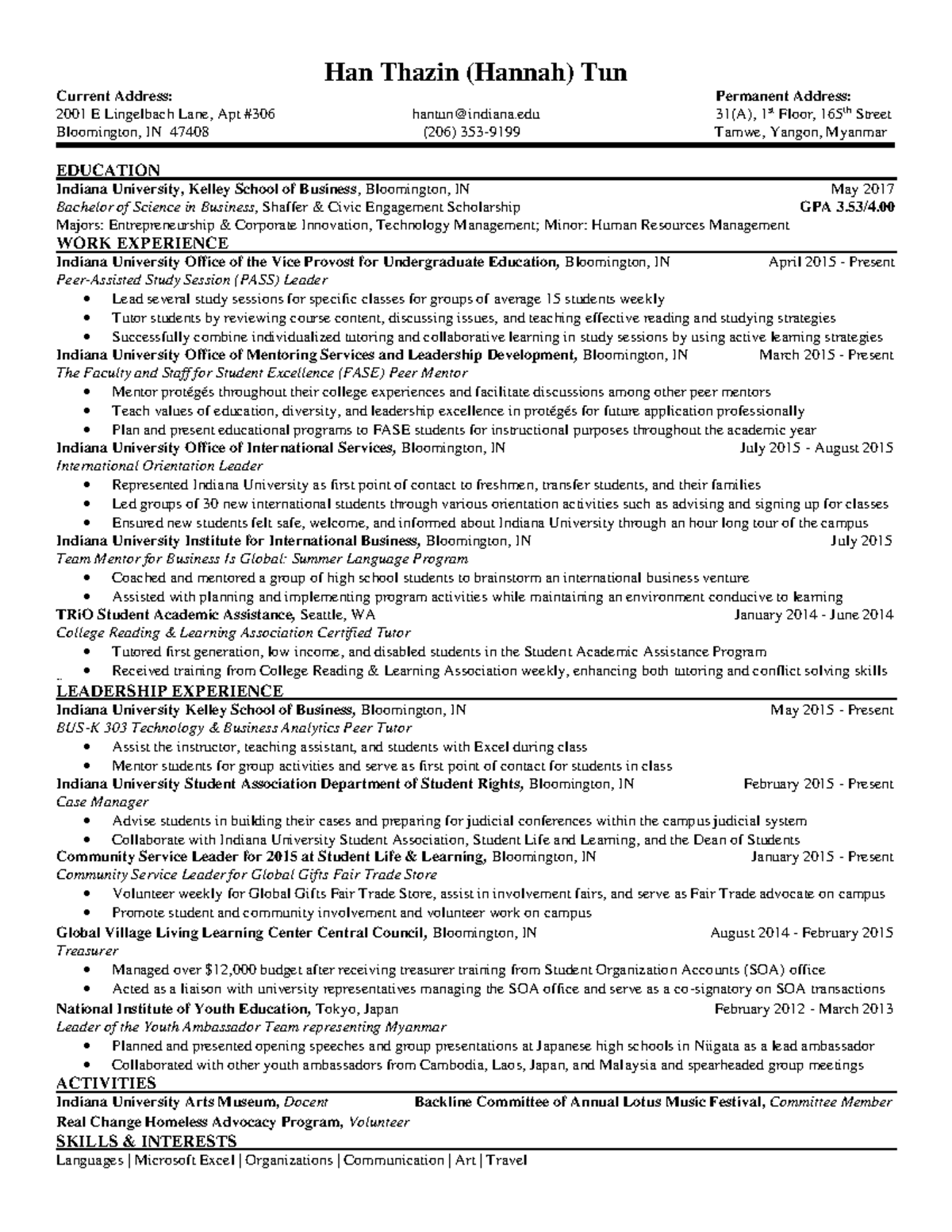 Great International Resume Example - Han Thazin (Hannah) Tun Current ...