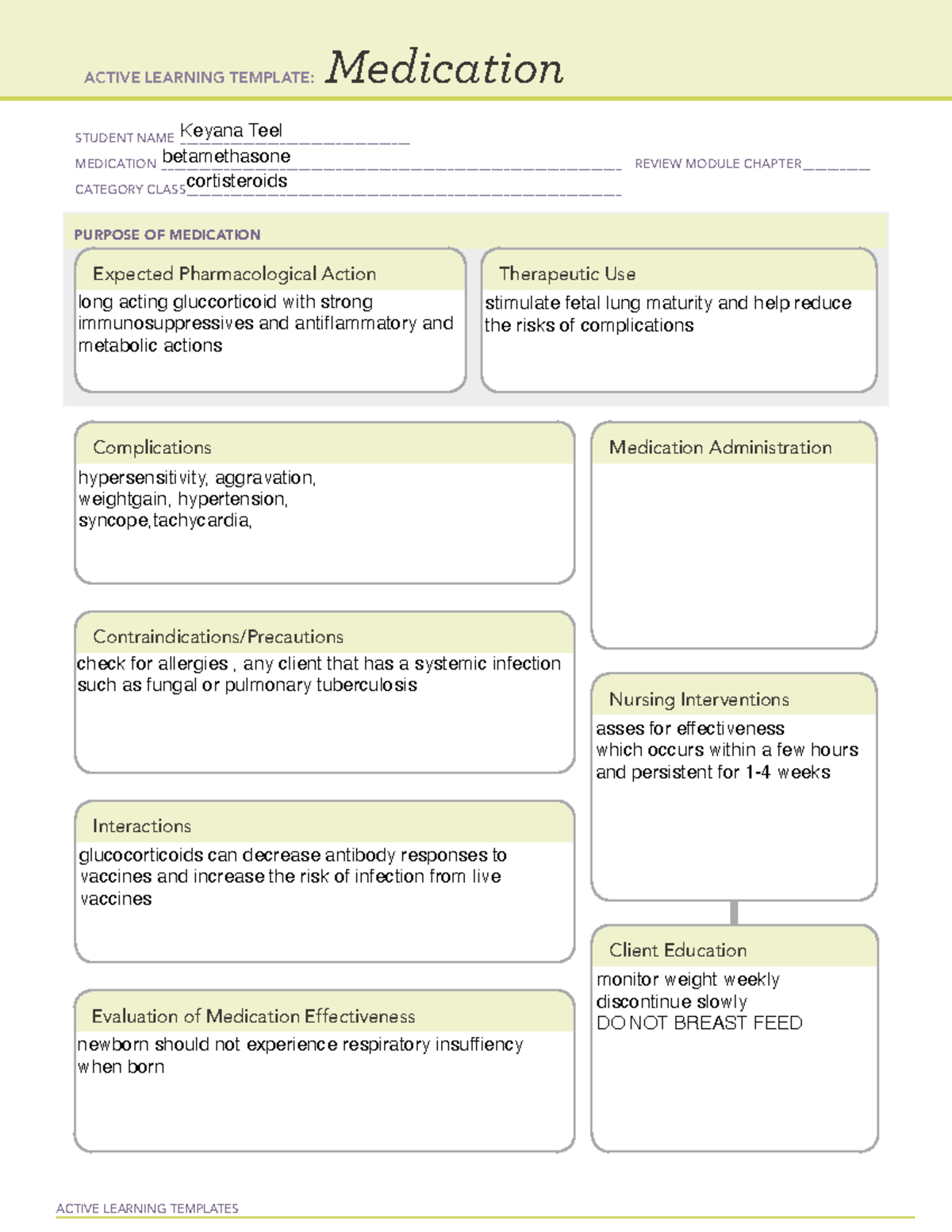 Betamethasone NOTES ACTIVE LEARNING TEMPLATES Medication STUDENT