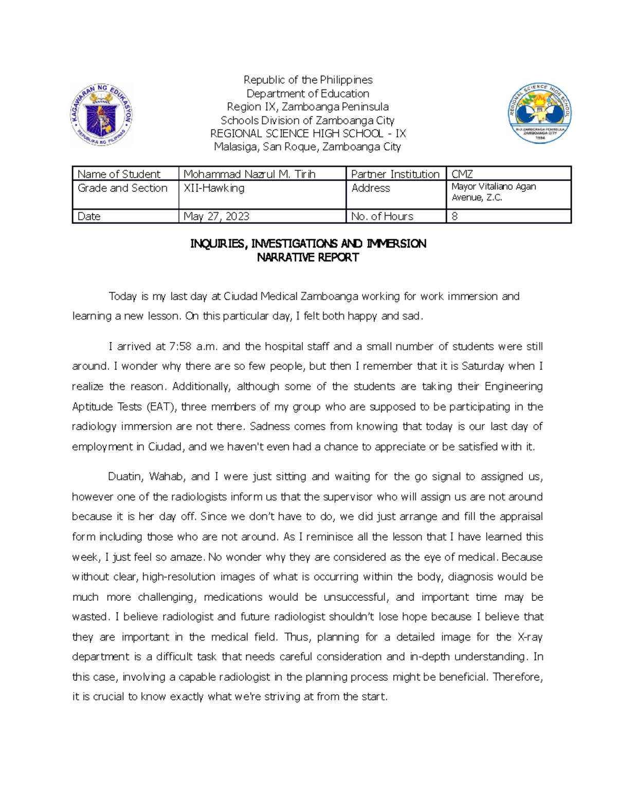 a lab report about hospitality - Republic of the Philippines Department ...