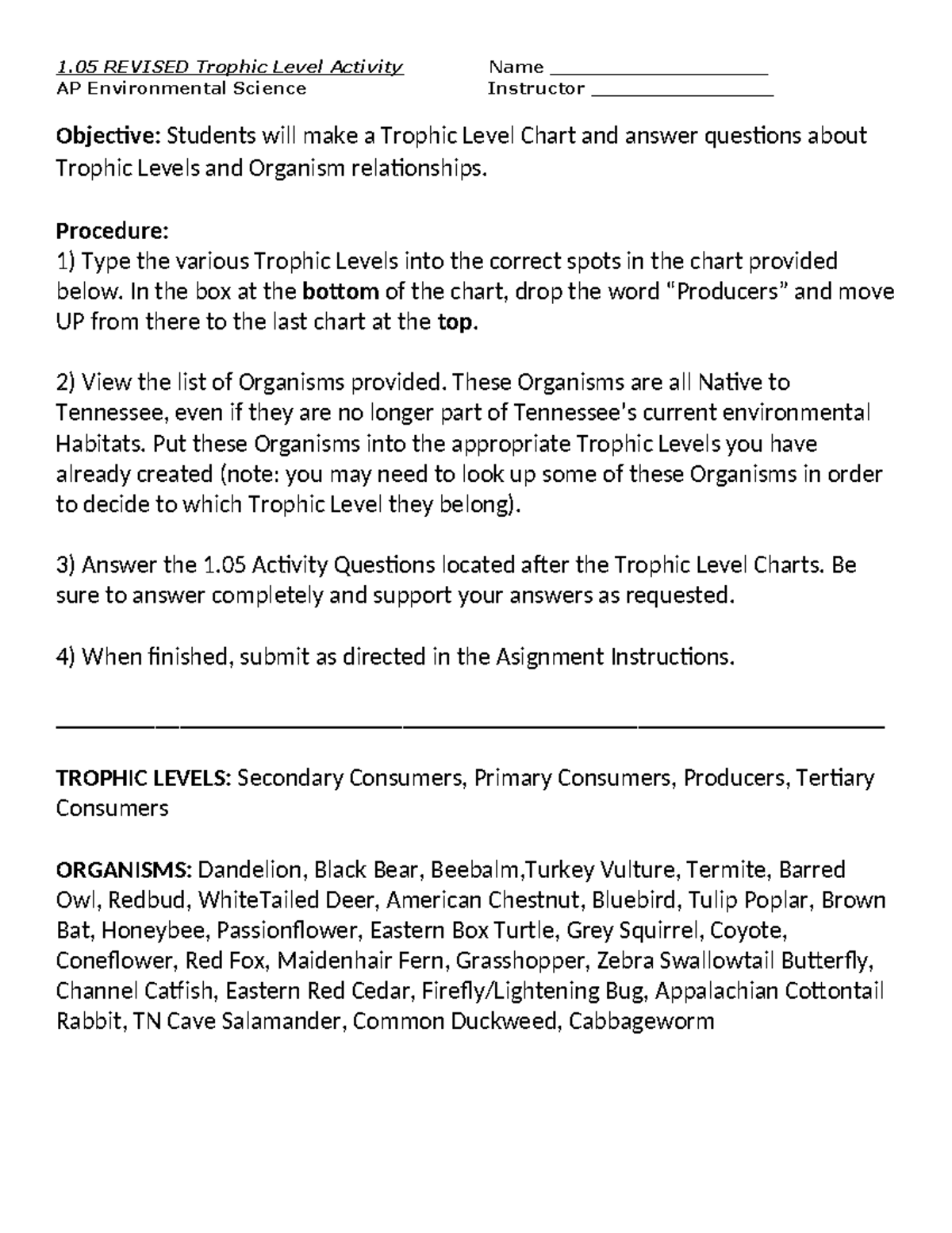 1.05 Trophic Levels LAB Activity Revised 1 REVISED Trophic Level Activity Name
