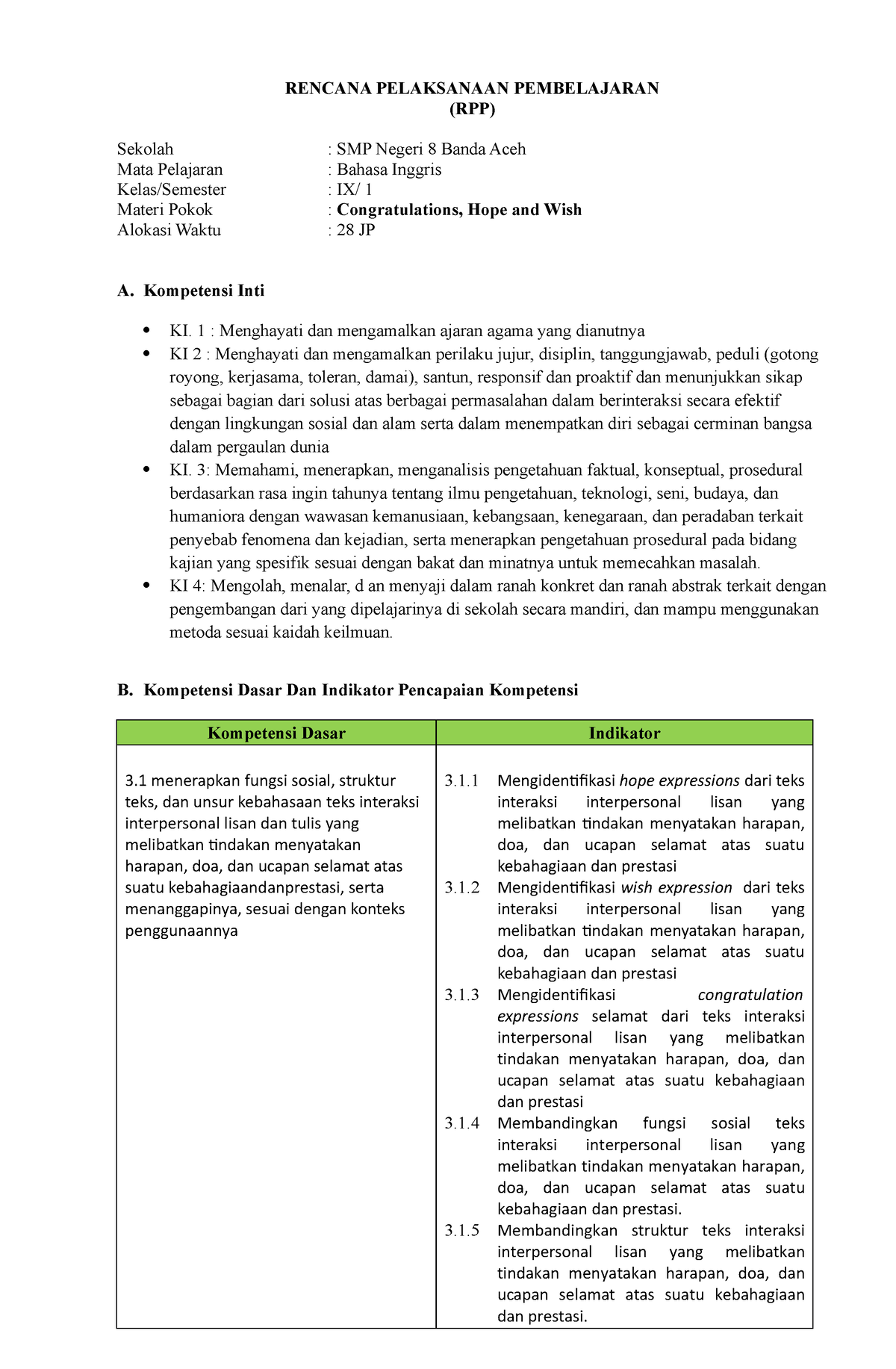 rpp-congratulation-hope-and-wish-kelas-ix-rencana-pelaksanaan