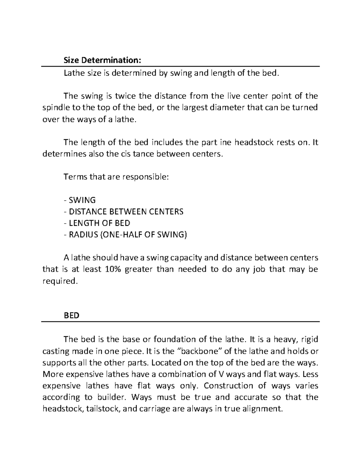 MC Tool Lathe This is a short note Size Determination Lathe size