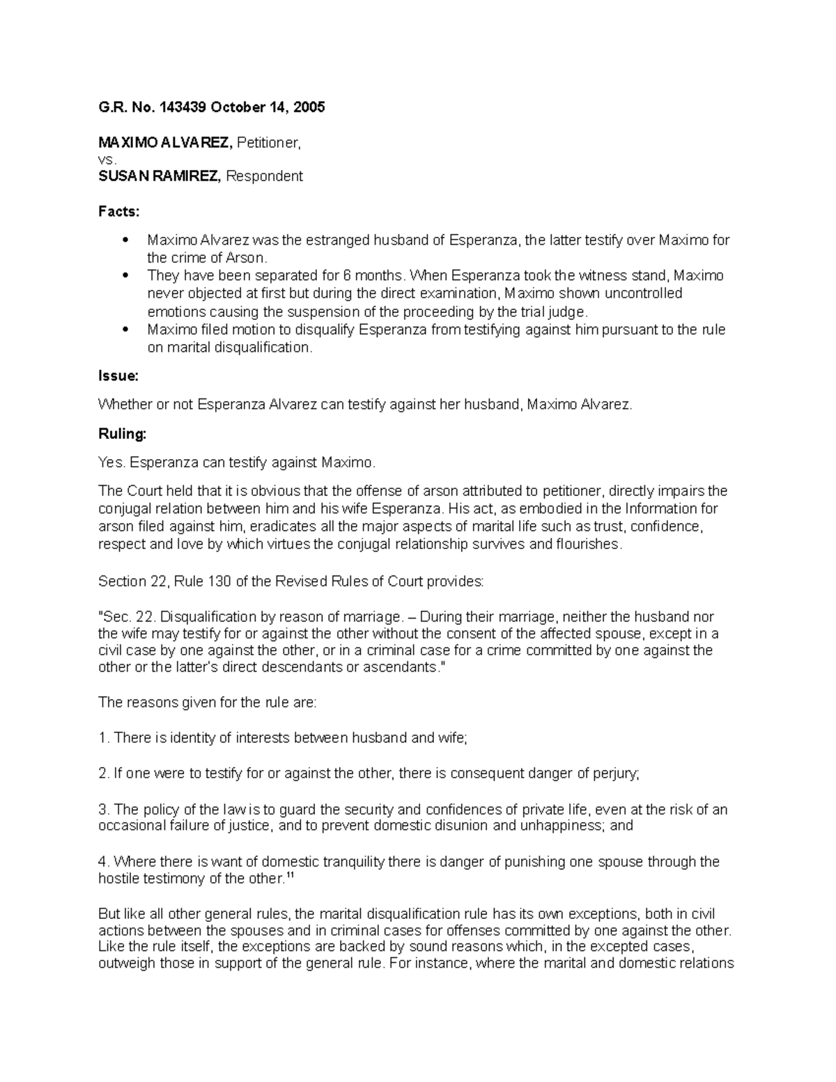 Alvarez v Ramirez - case digest - G. No. 143439 October 14, 2005 MAXIMO ...