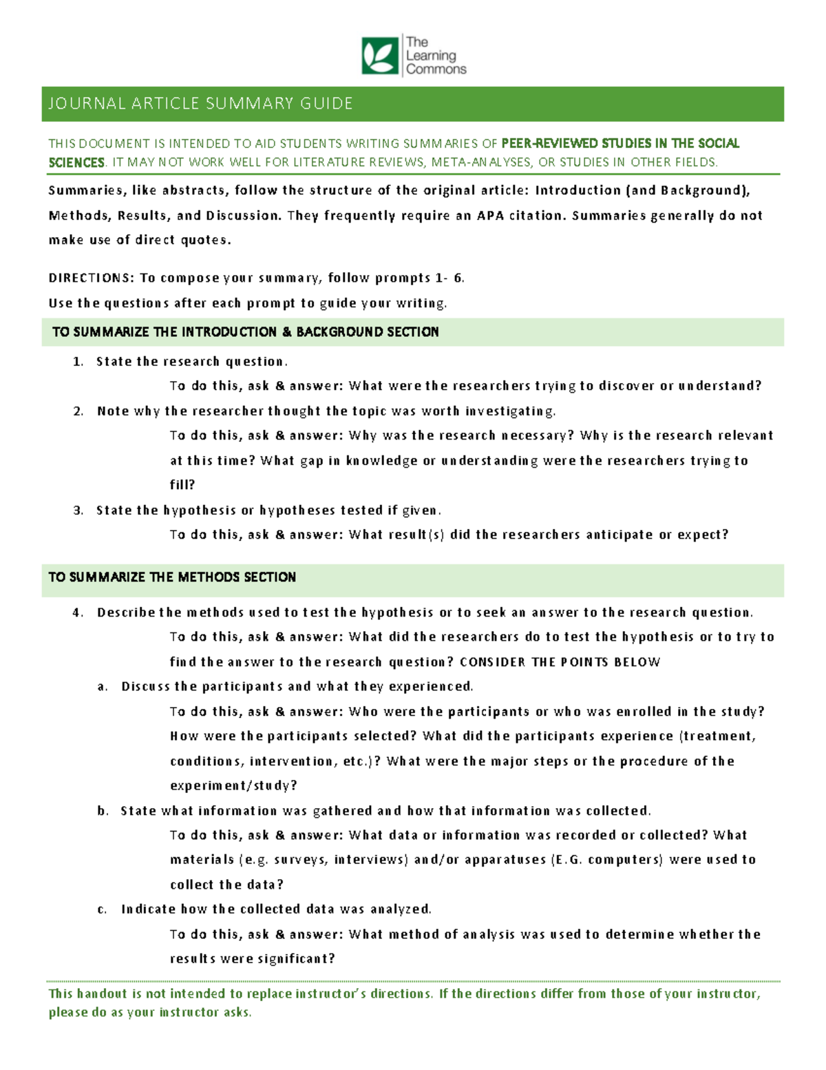 Journal article summary Guide - This handout is not intended to replace ...