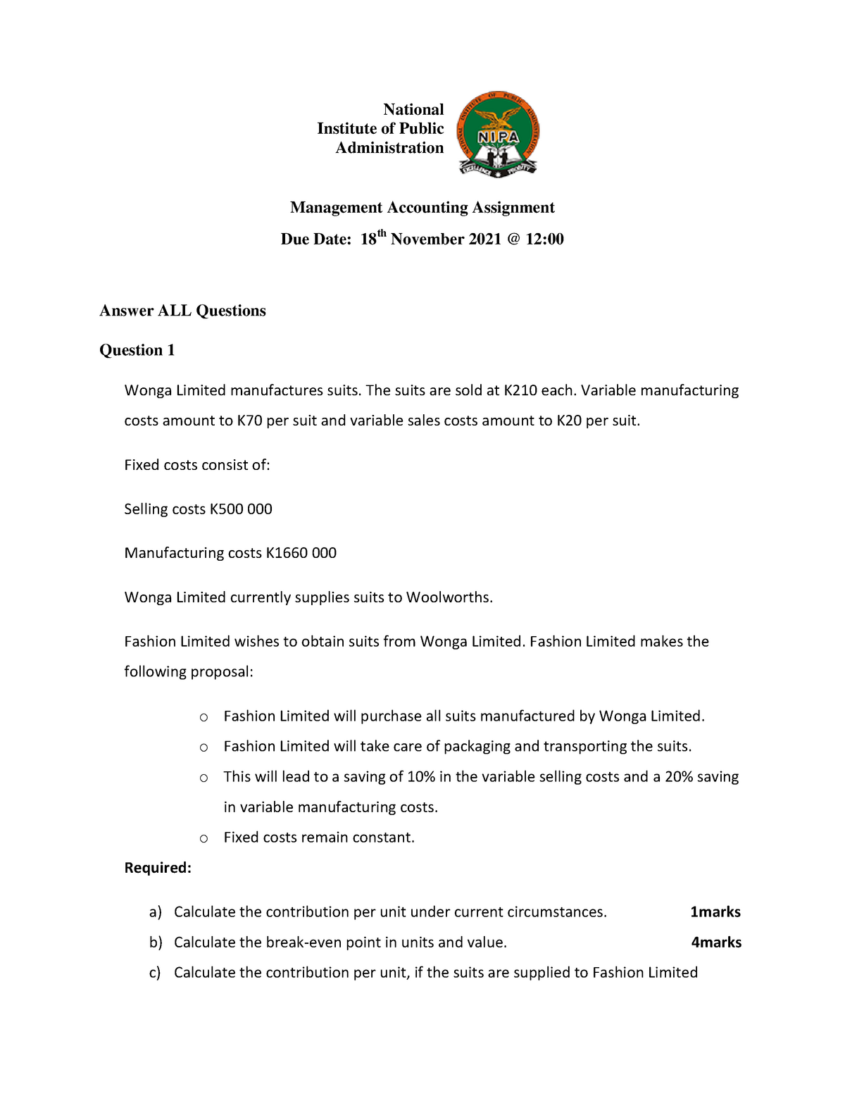 management accounting assignment topics