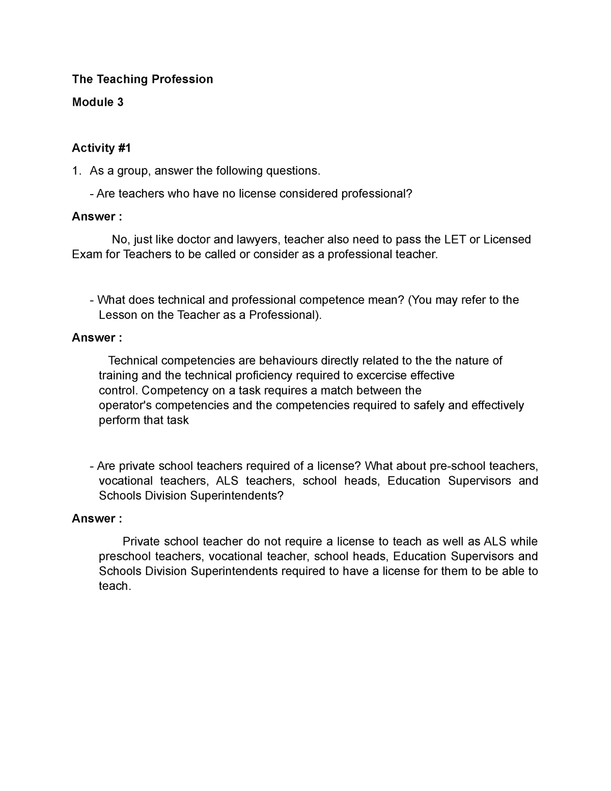 The Teaching Profession Module 3 Act. 1-10 - BSED English - PangSU ...