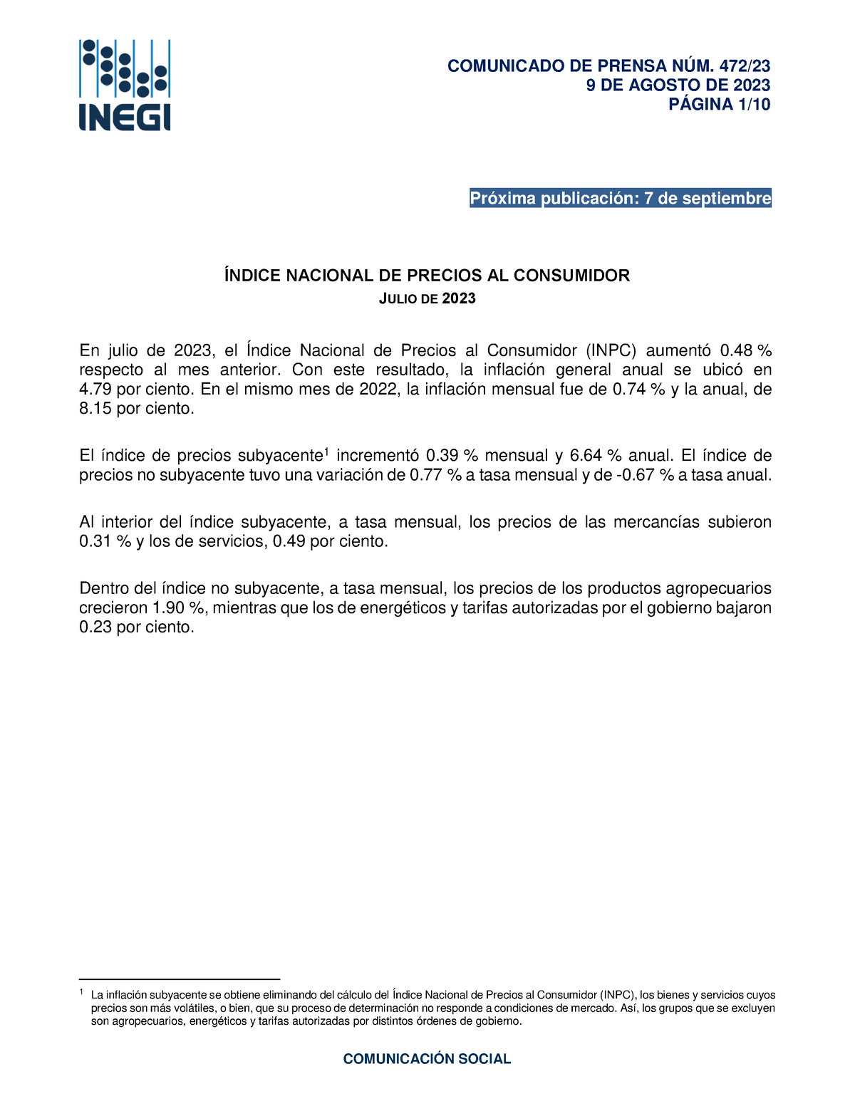 Inpc 2q2023 08 Inpc año 2024 COMUNICADO DE PRENSA NÚM. 472/ 9 DE