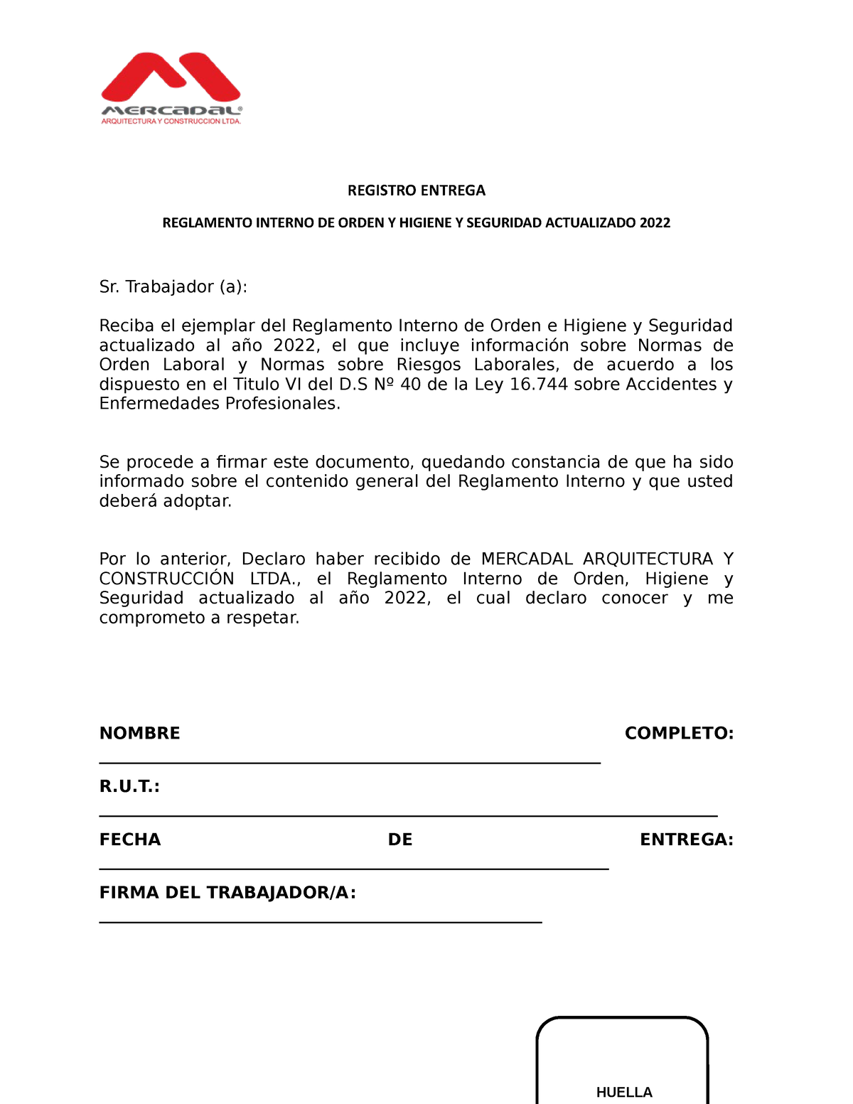 Entrega De Reglamento Interno Registro Entrega Reglamento Interno De Orden Y Higiene Y 6672