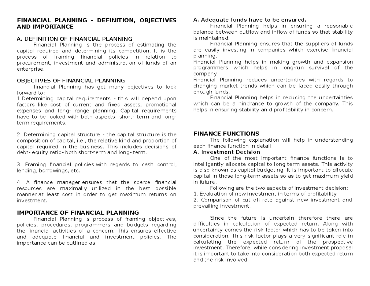 ACCTG. ED 09 Financial Management FINANCIAL PLANNING DEFINITION