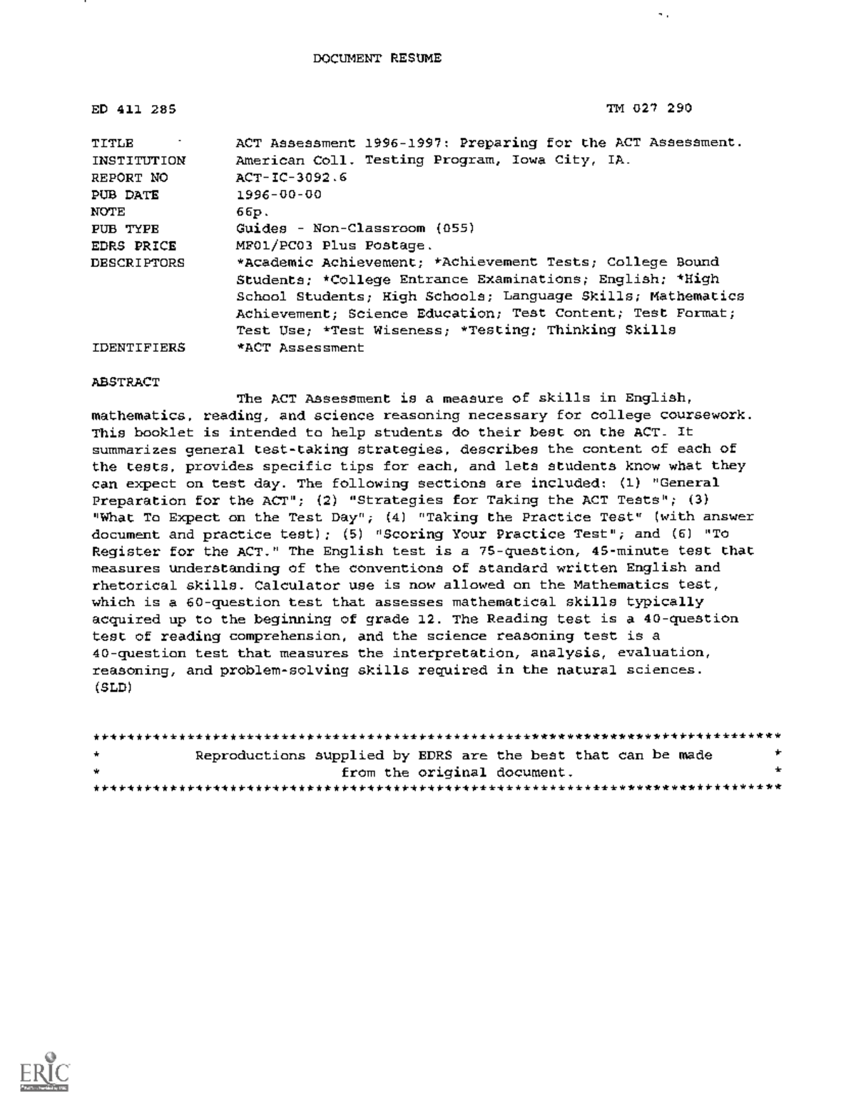 ACT 42C - Practice test - DOCUMENT RESUME ED 411 285 TM 027 290 TITLE ...