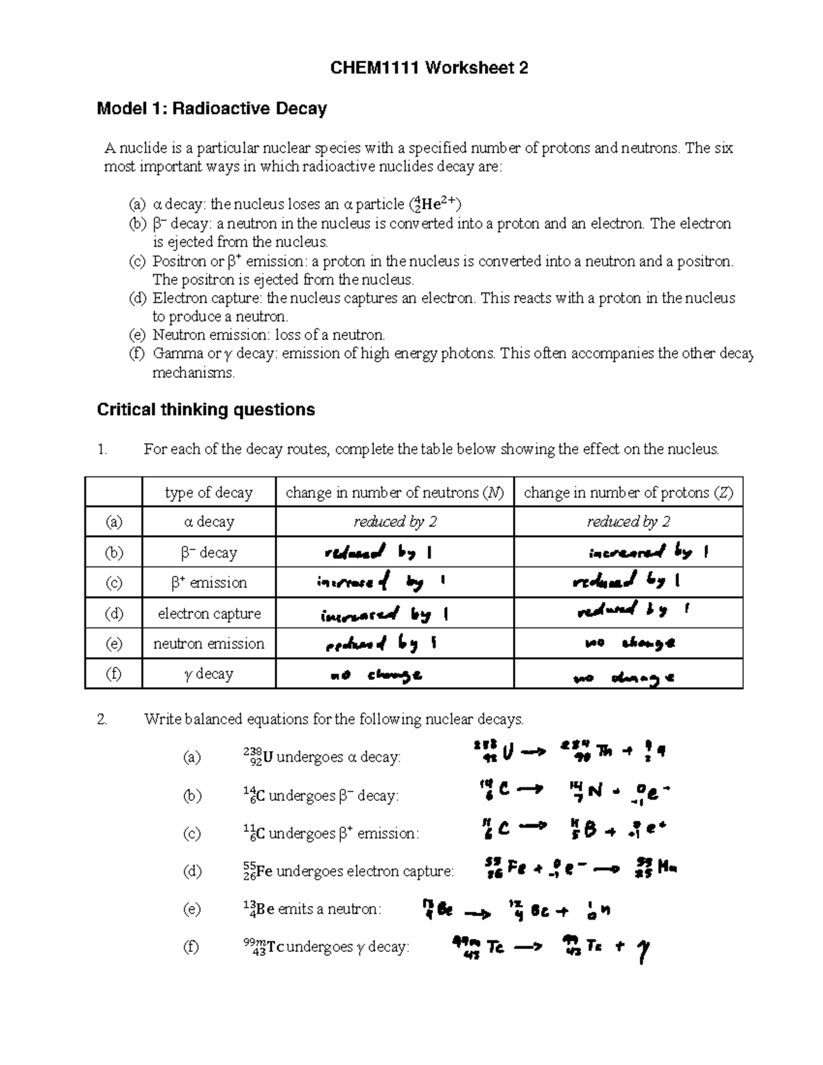 CHEM1111 Tutorial+02 - CHEM1111 Worksheet 2 Model 1: Radioactive Decay ...