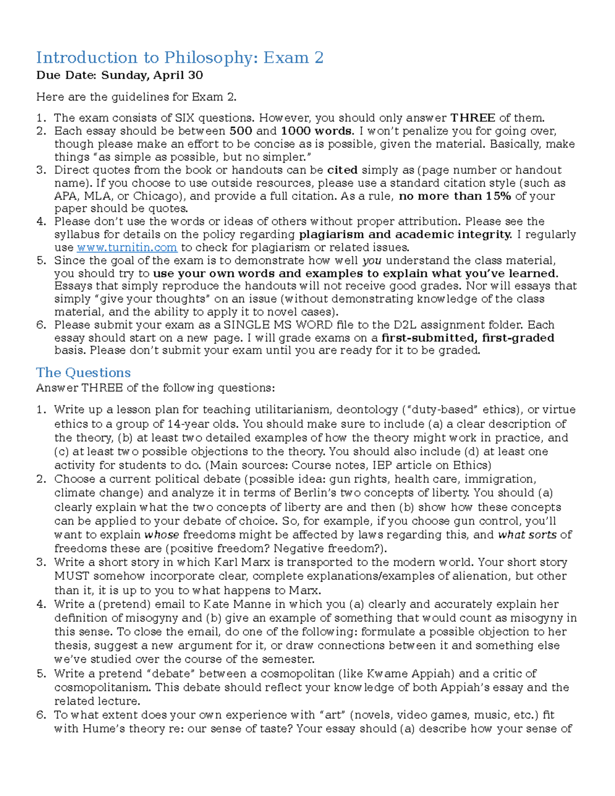 Intro Phil Exam2 Grade A+ Introduction to Philosophy Exam 2 Due