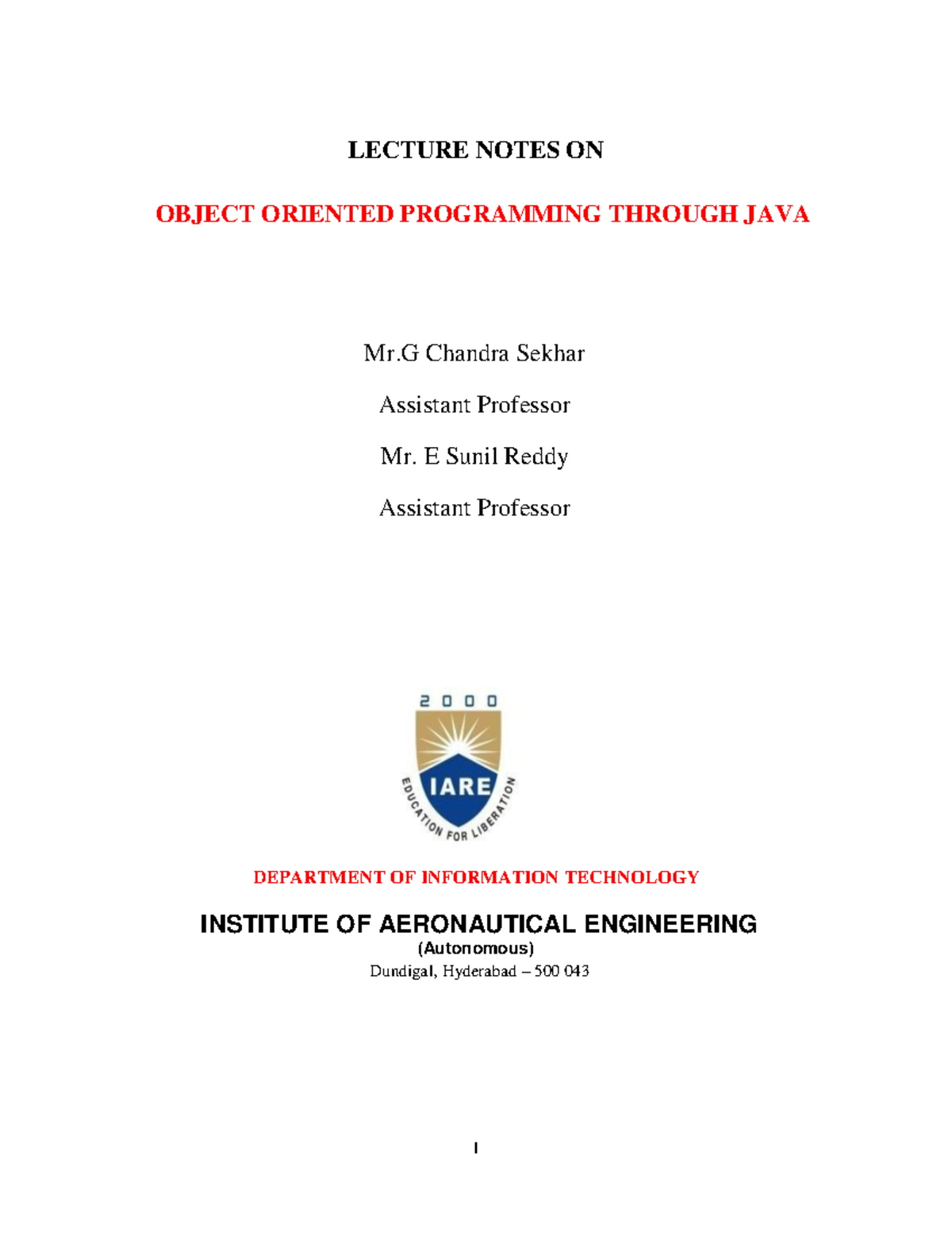 IARE OOPS Through JAVA Lecture Notes - LECTURE NOTES ON OBJECT ORIENTED ...