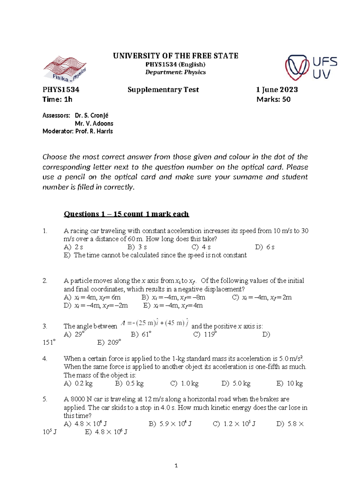 2023PHYS1534Sem T3 - Test 3 - UNIVERSITY OF THE FREE STATE PHYS1534 ...