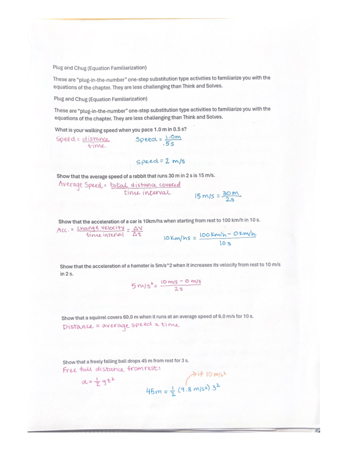 Chapter 2 textbook Plug and Chug (Equation Familiarization) PHY 1025