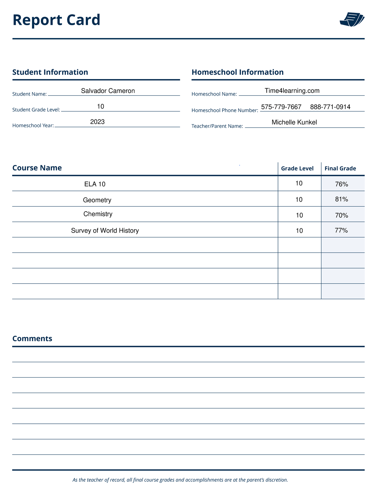 T4l report card basic option 1 - Report Card Student Information ...