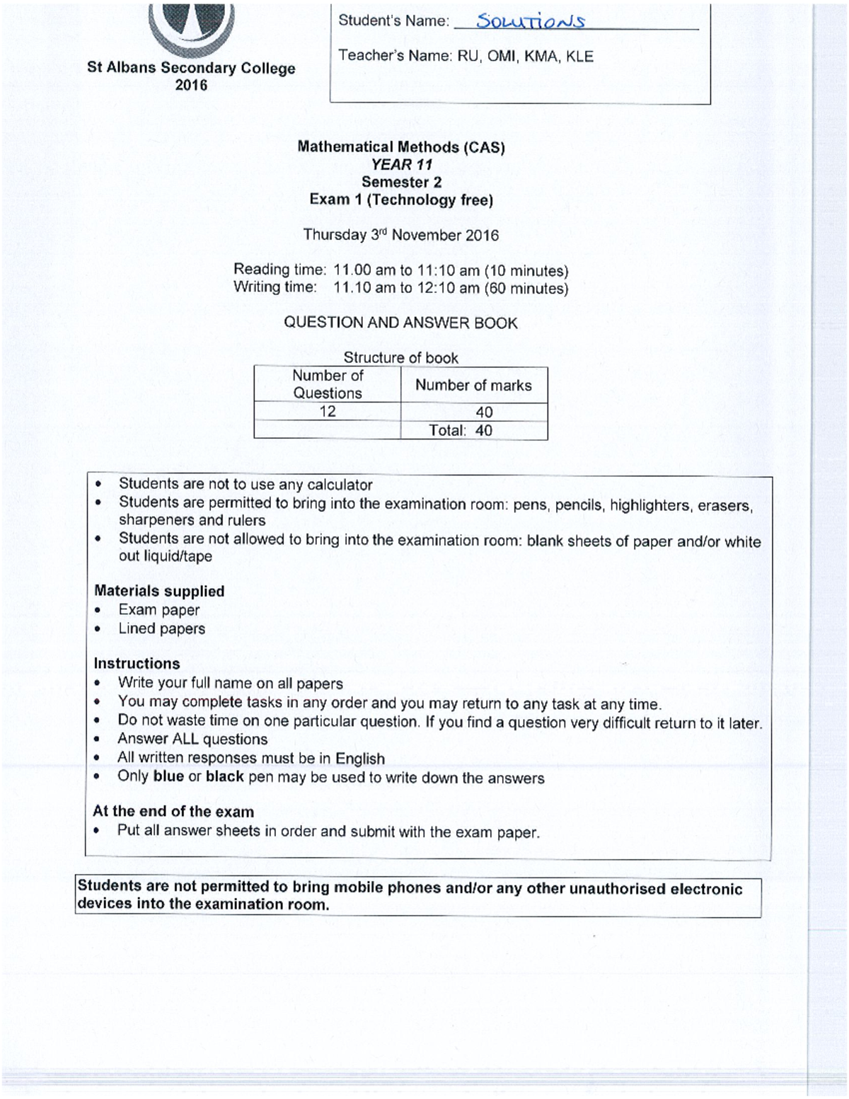 2016 Y11MAM Unit 2 Exam 1 Solution - Studocu