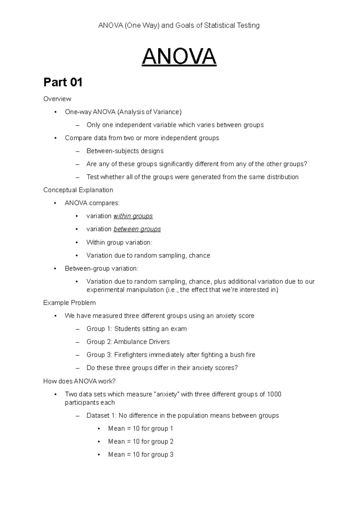 Anova - ANOVA Part 01 Overview - One-way ANOVA (Analysis of Variance ...