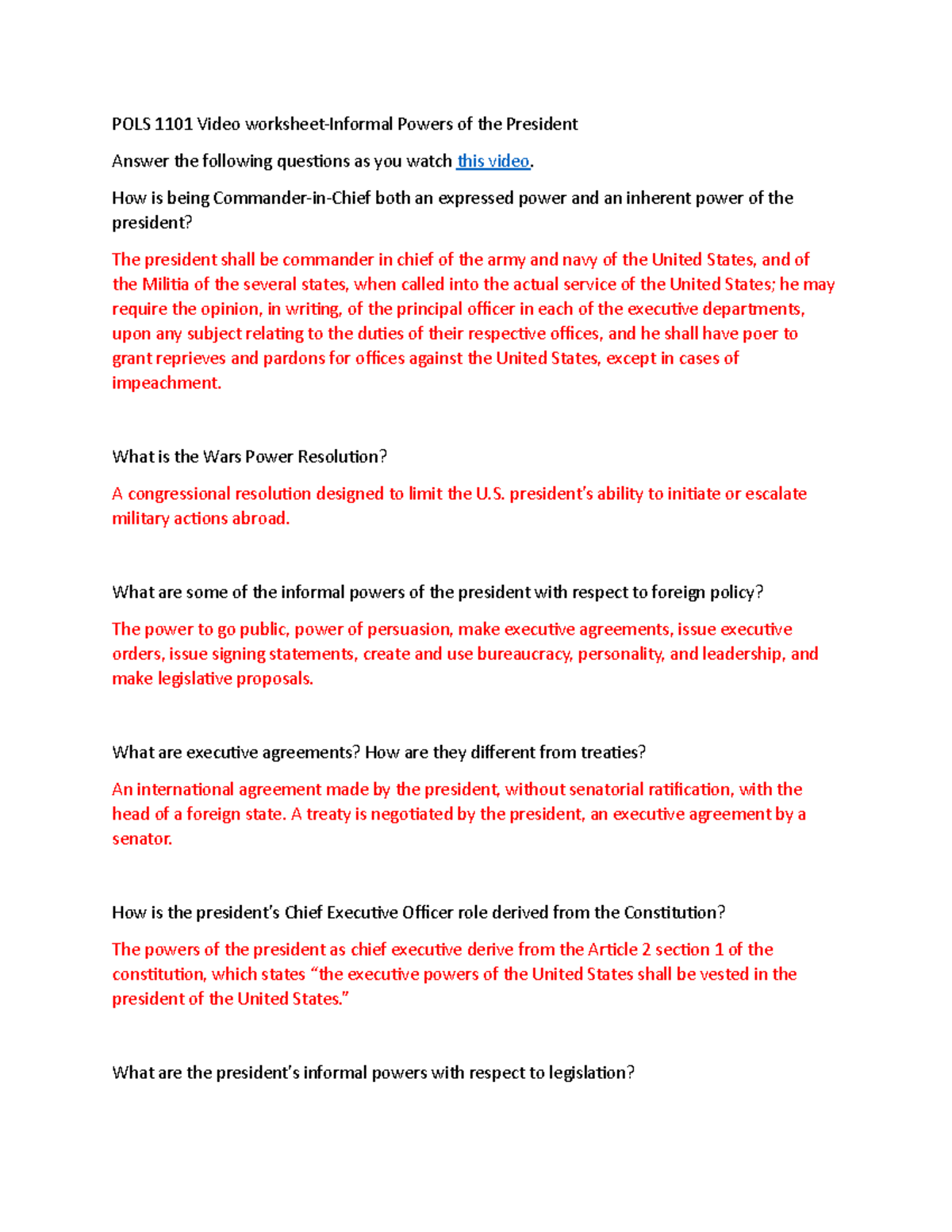 1 POLS 1101 Video Worksheet-Informal Powers Of The Presidency - POLS ...