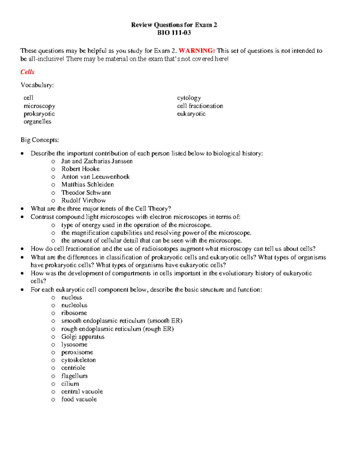 Review 2 s22 - Review Questions for Exam 2 BIO 111- These questions may ...
