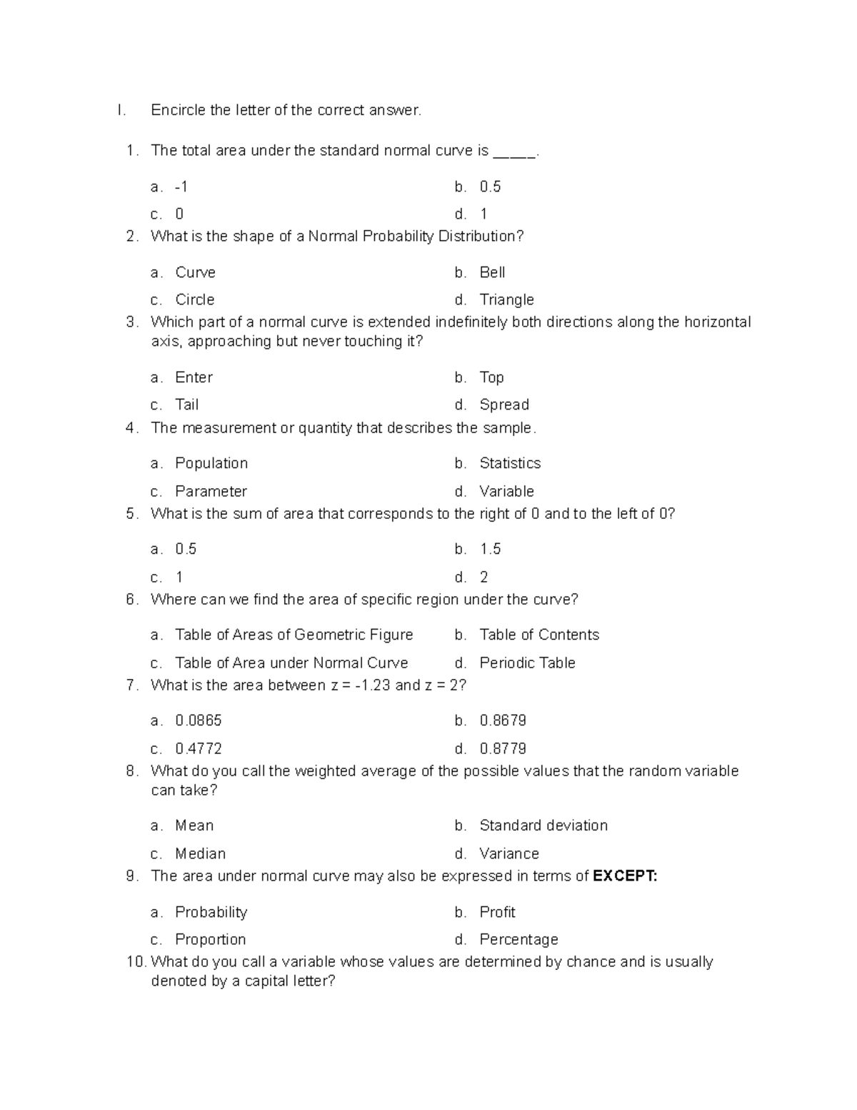 Midterm Exam - 2nd Sem - exam - I. Encircle the letter of the correct ...