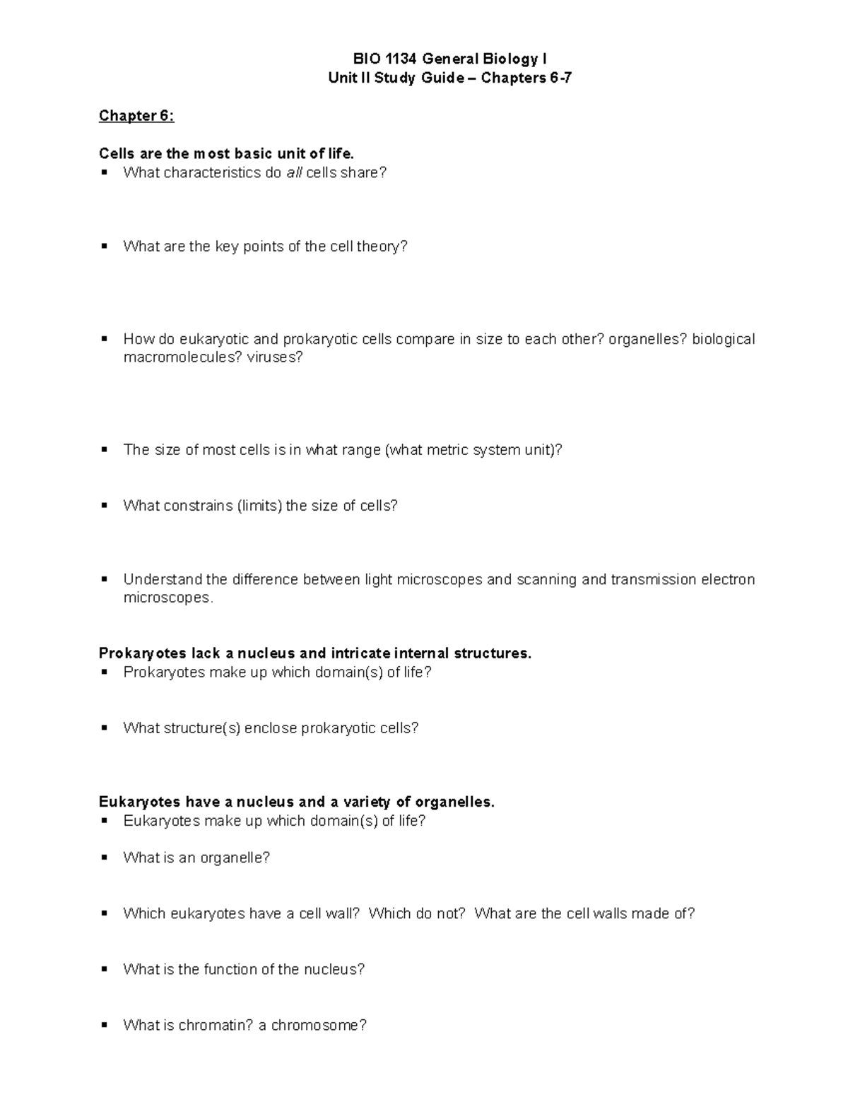 Bio 1134 Unit II Study Guide for lecture exam 2 Fa19 - Unit II Study ...