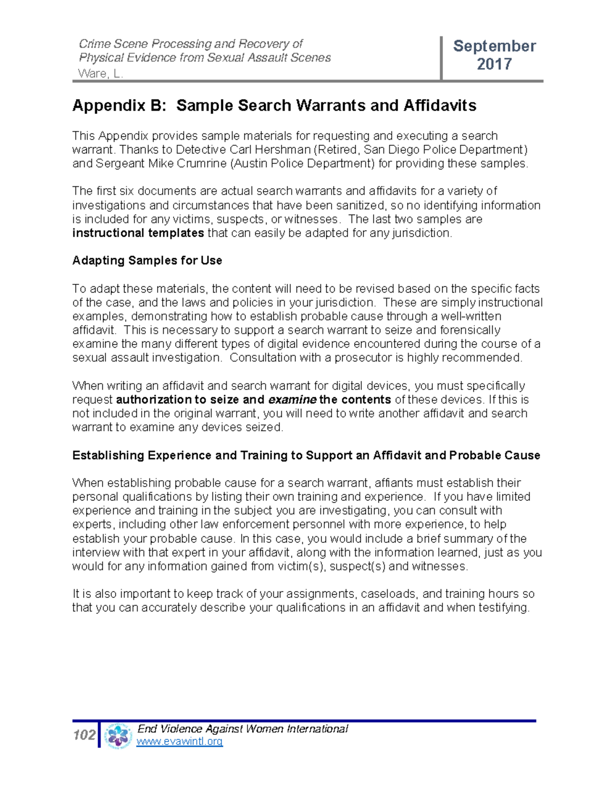 18 Appendix B Search Warrants - Crime Scene Processing and Recovery of ...