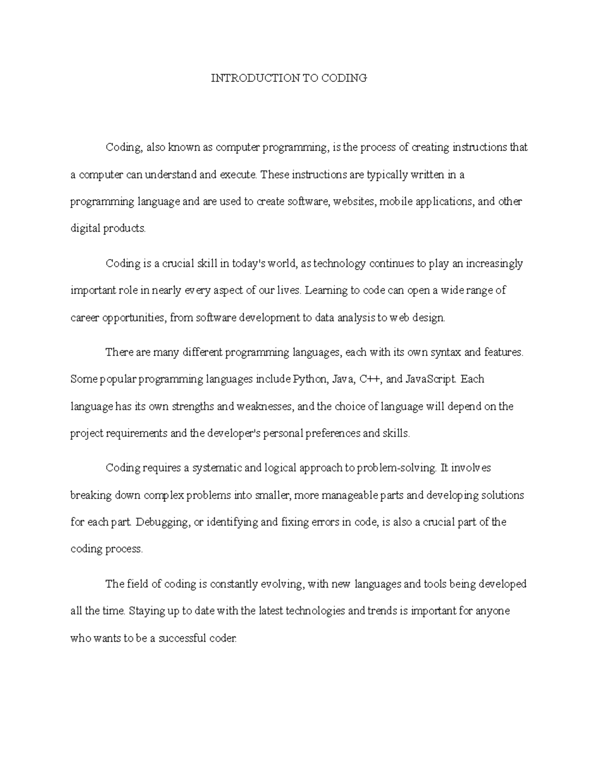 Introduction TO Coding essay - INTRODUCTION TO CODING Coding, also ...