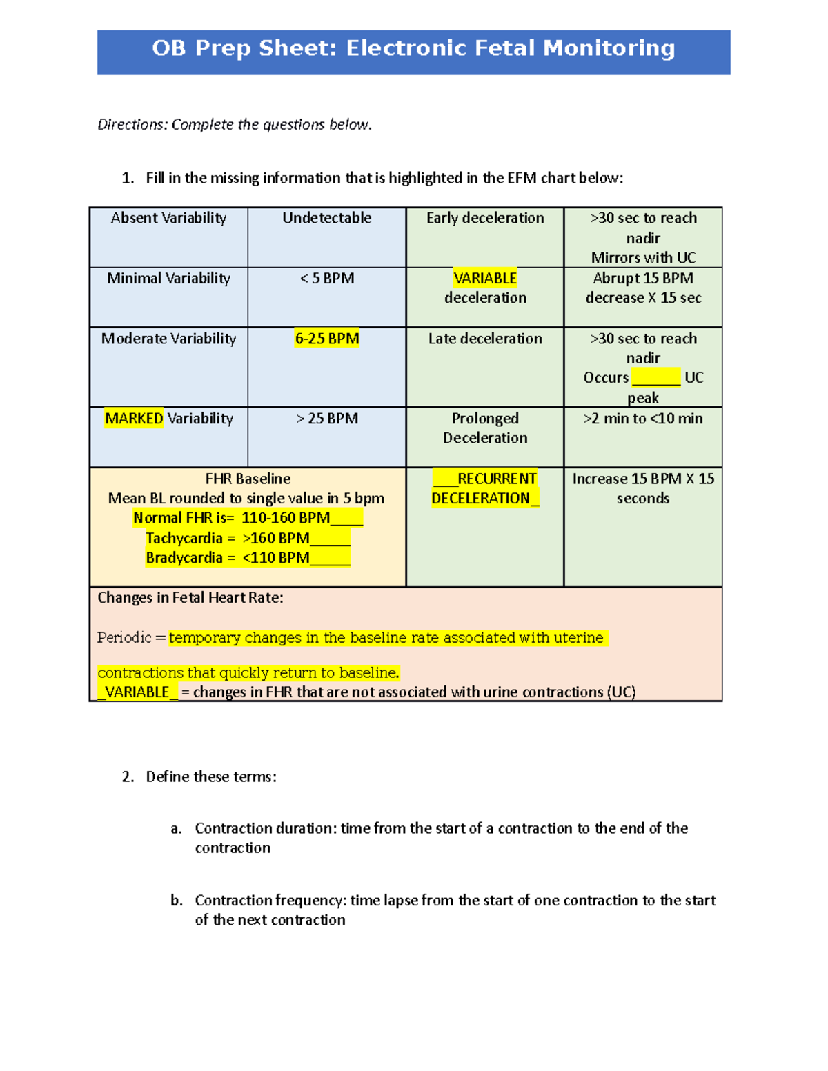 OB Prep Sheet Efm Directions Complete the questions below. Fill in
