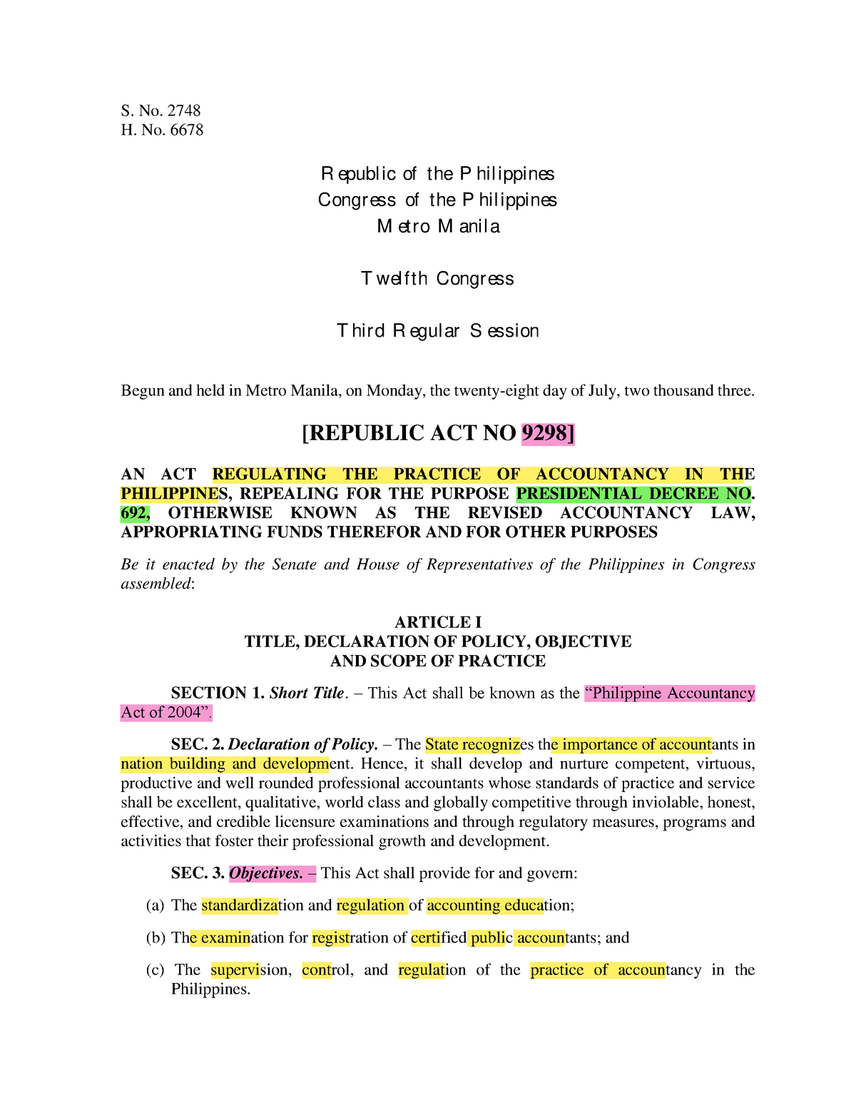 RA 9298 - RA 9298 Philippine accountancy act of 2004 - S. No. 2748 H ...