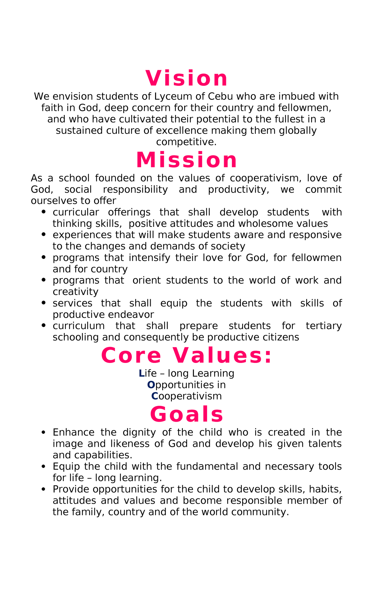 NEW Lyceum Mission & Vision - Vision We envision students of Lyceum of ...