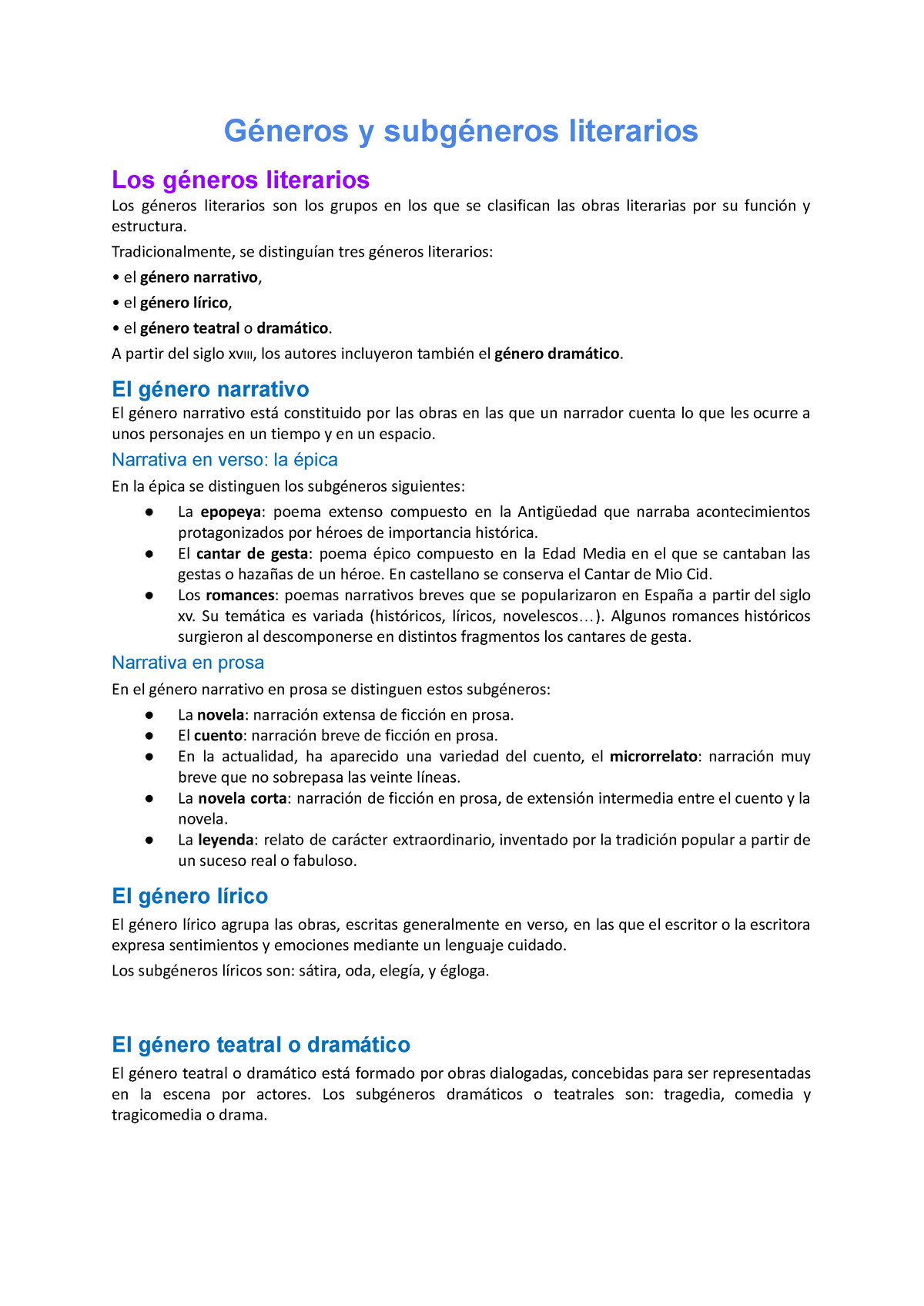 Apuntes Géneros Y Subgéneros Literarios Eso Géneros Y Subgéneros