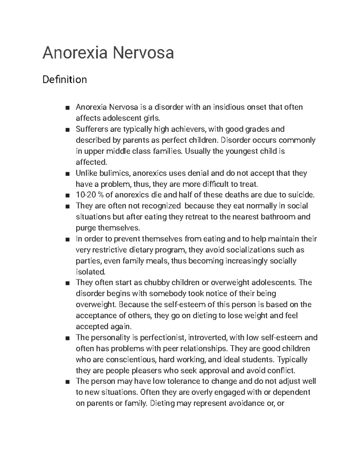 anorexia nervosa definition in mental health nursing