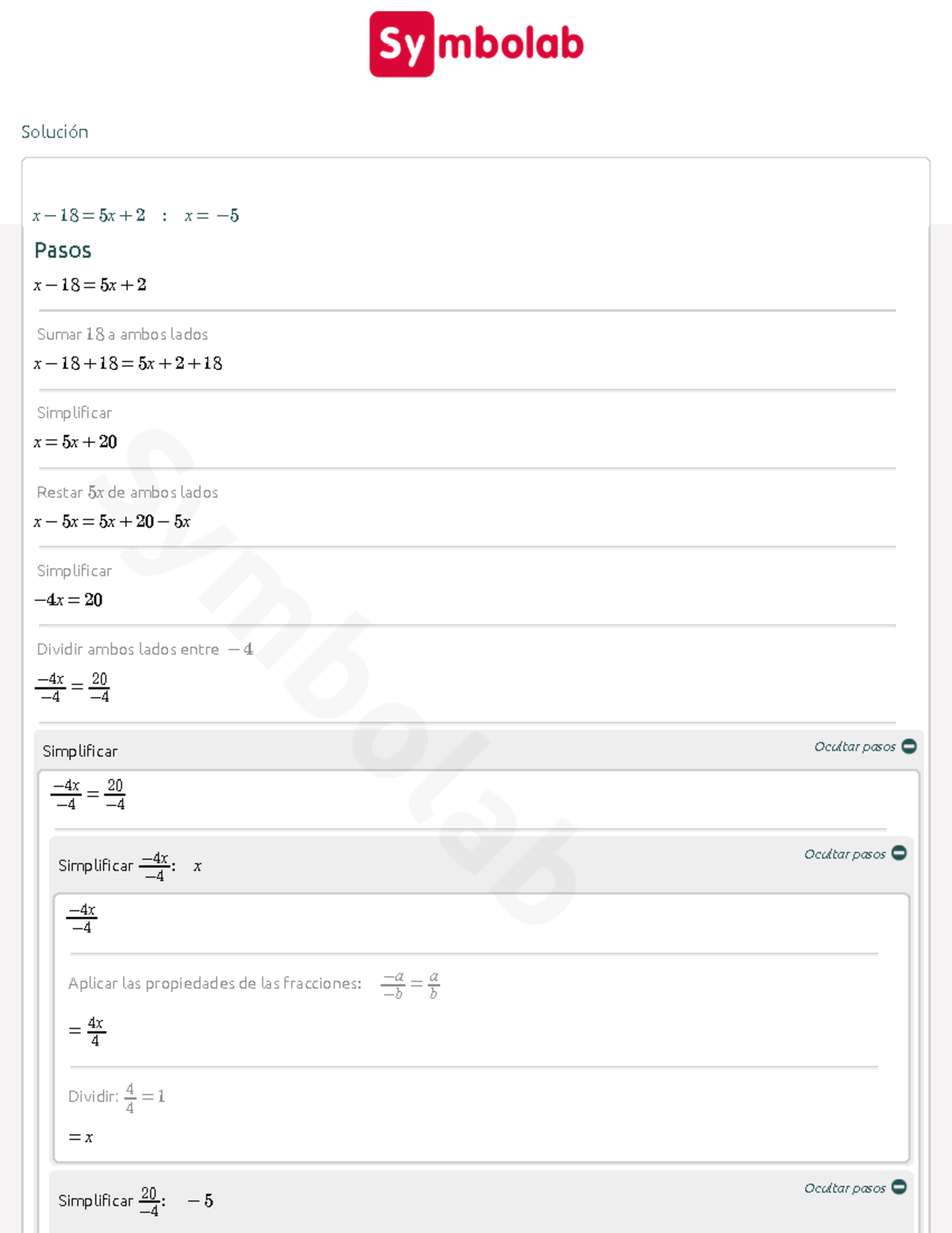 X-18=5x+2 - Calculadora De Álgebra - Symbolab - Ocultar Pasos Ocultar ...