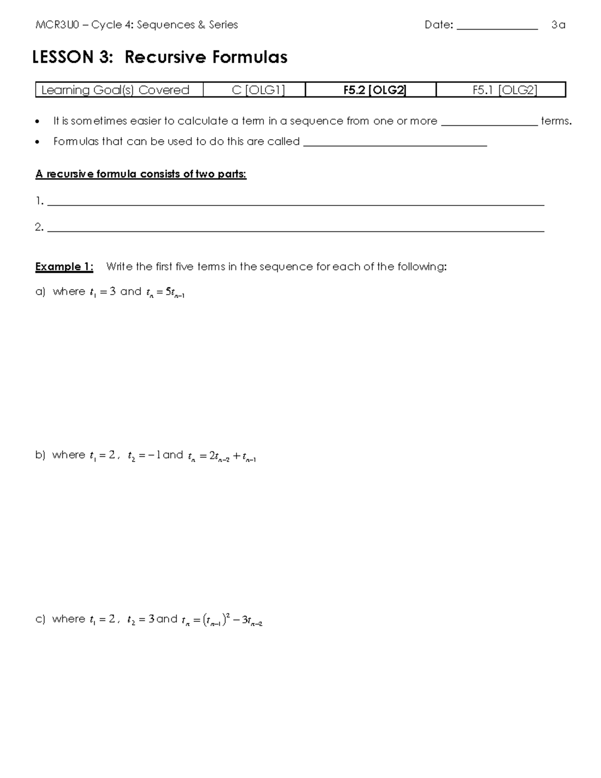 C4 - 3a - Recursive Sequences Lesson - MCR3U0 – Cycle 4: Sequences ...