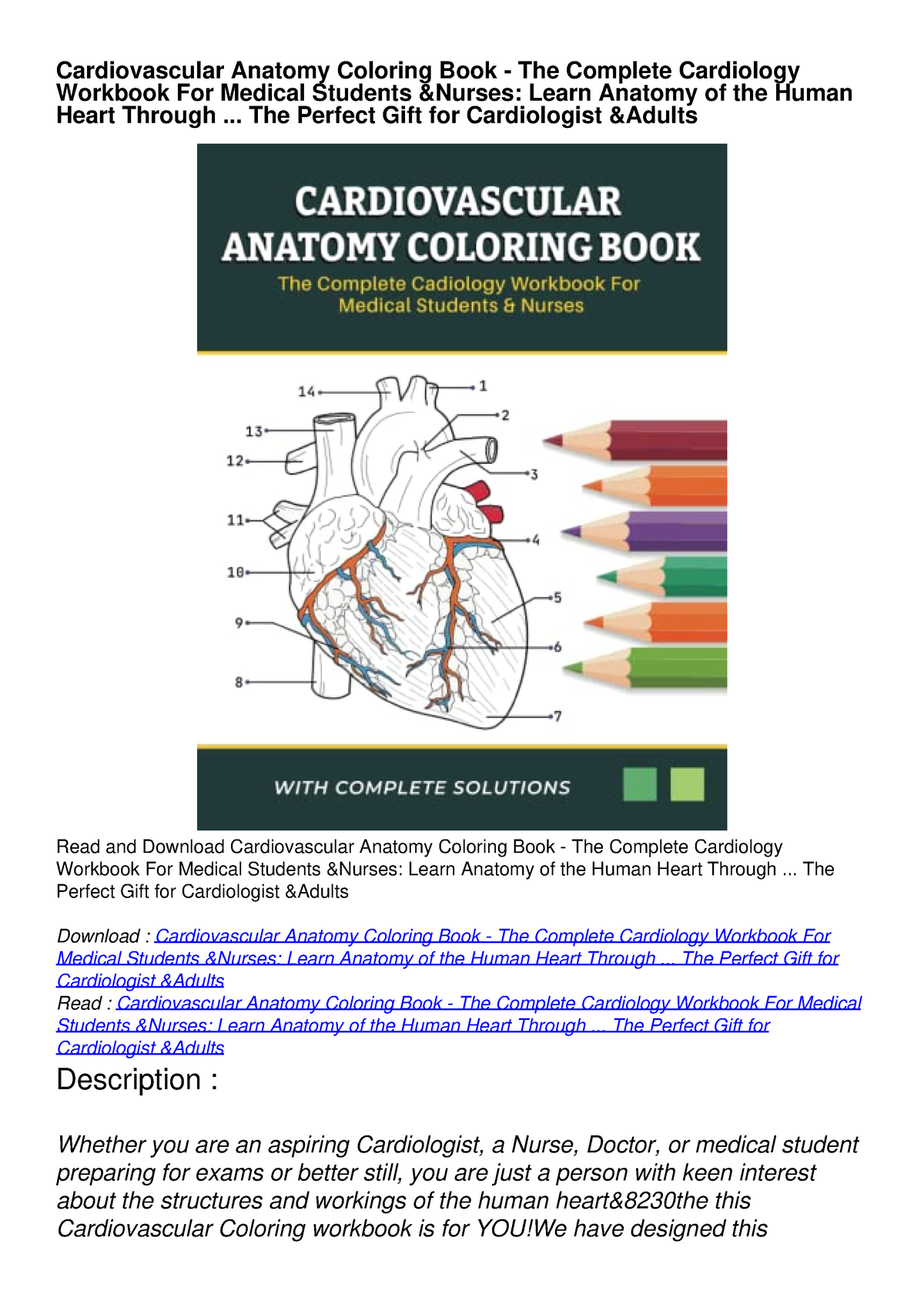 READ PDF Cardiovascular Anatomy Coloring Book The Complete Cardiology