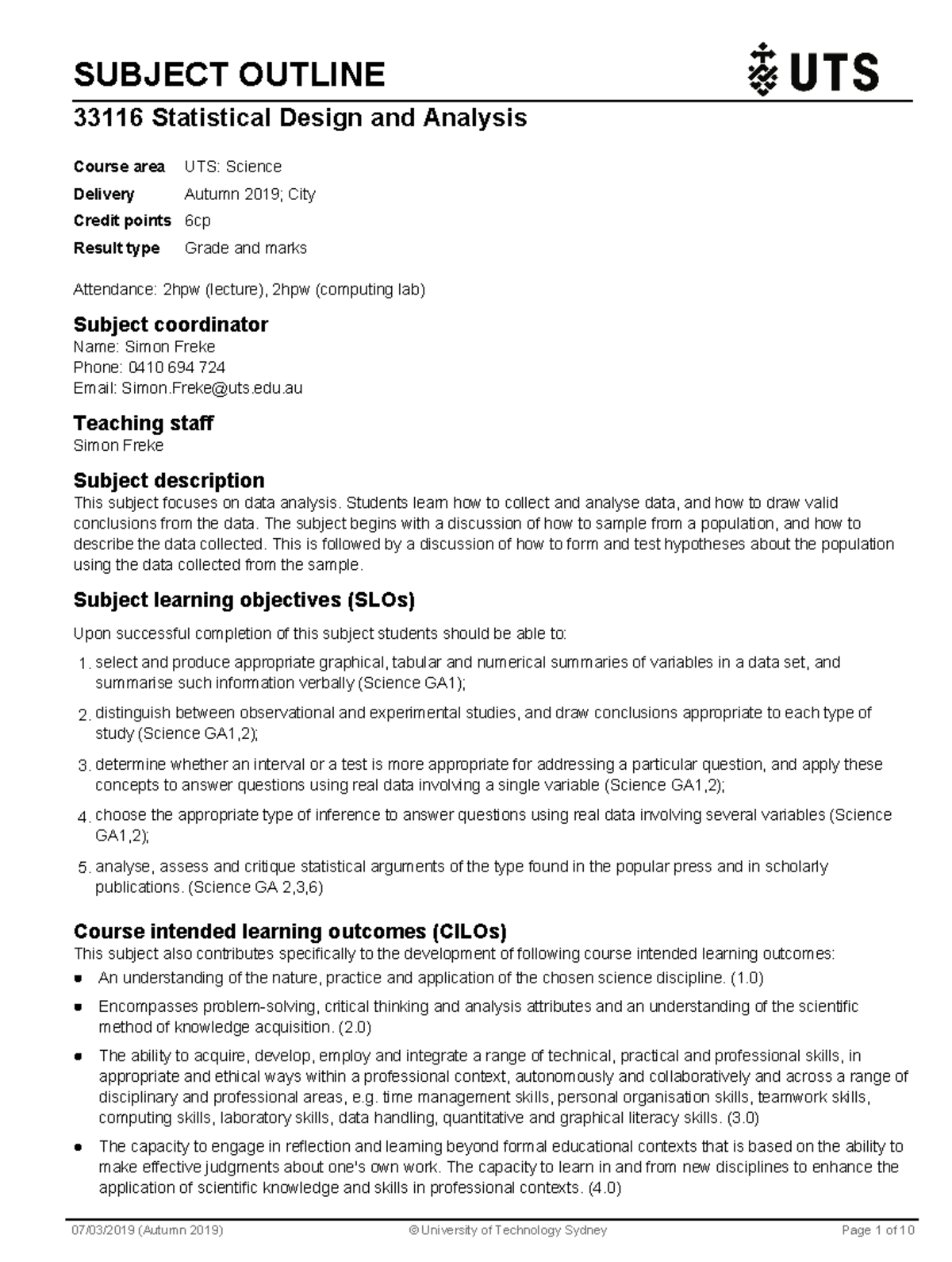 2019 Autumn Subject Outline - SUBJECT OUTLINE 33116 Statistical Design ...