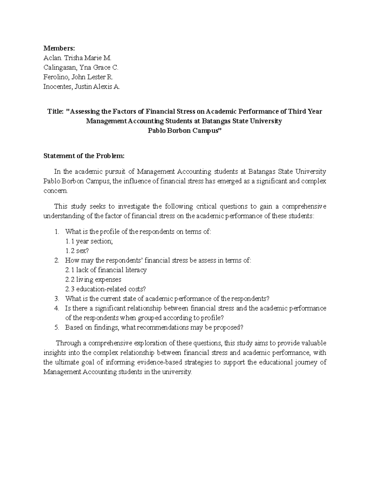 Title & Statement of the Problem - Members: Aclan. Trisha Marie M ...