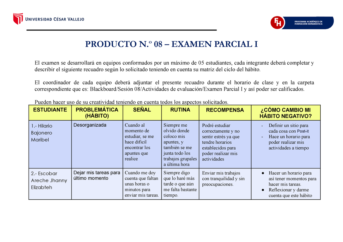 3º Indicaciones Producto Nº 08 Examen Parcial I Producto Nº 08