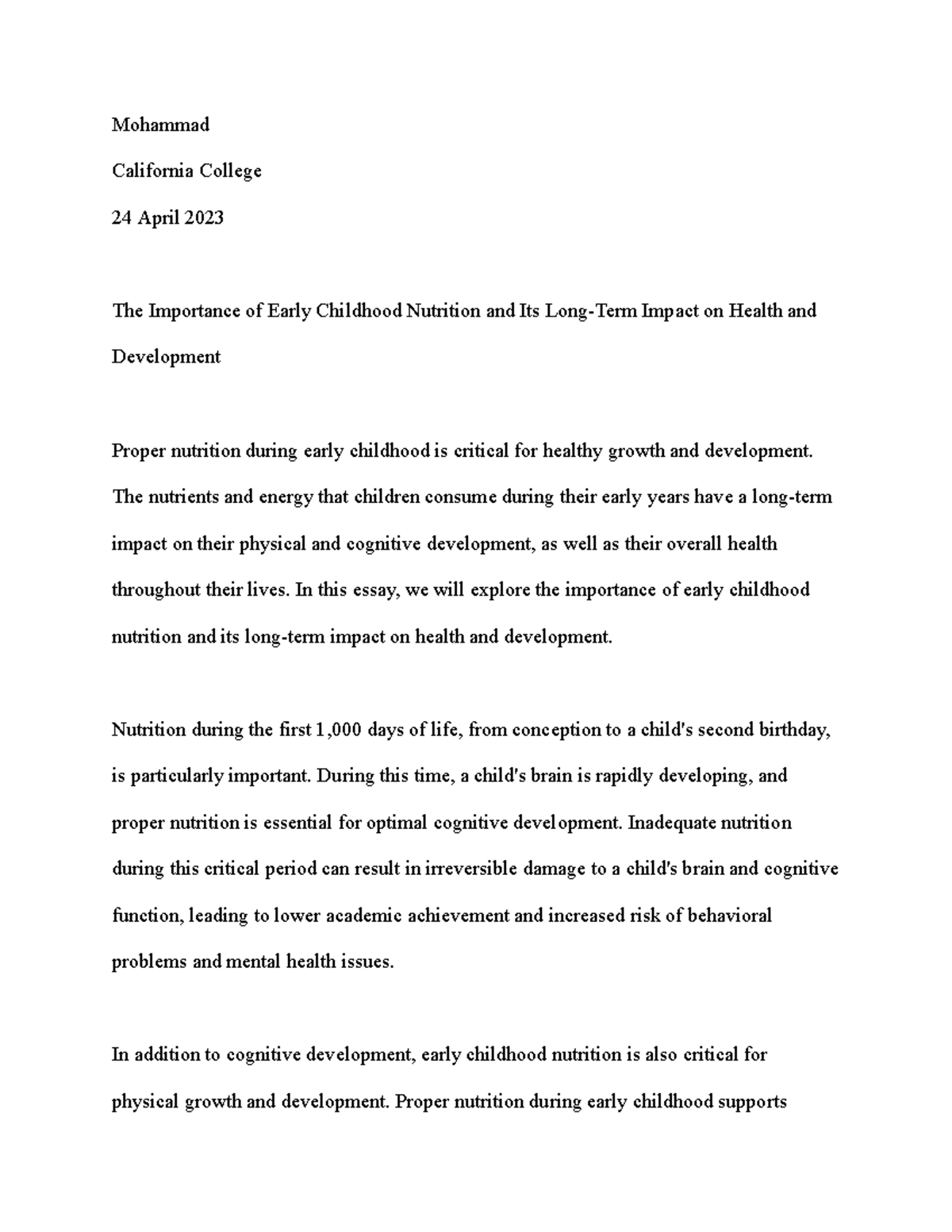 The Importance of Early Childhood Nutrition and Its Long-Term Impact on ...