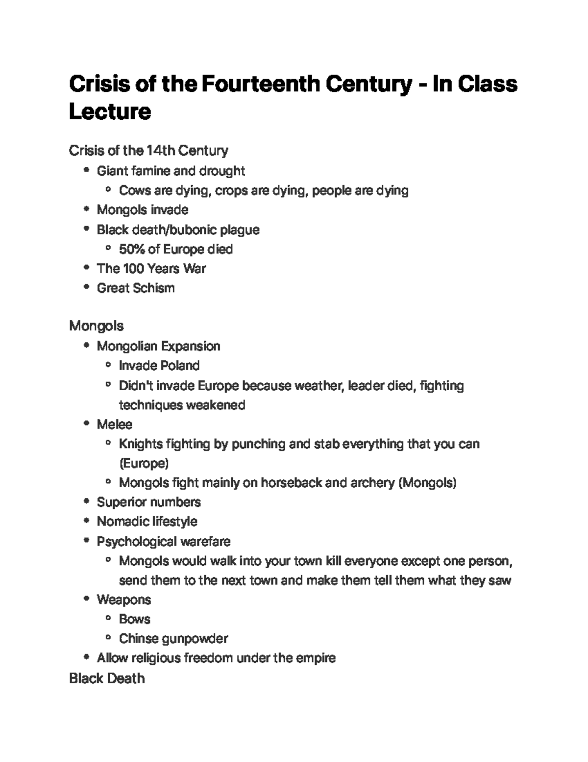 Crisis of the Fourteenth Century - In Class Lecture - C r i s i s o f t ...