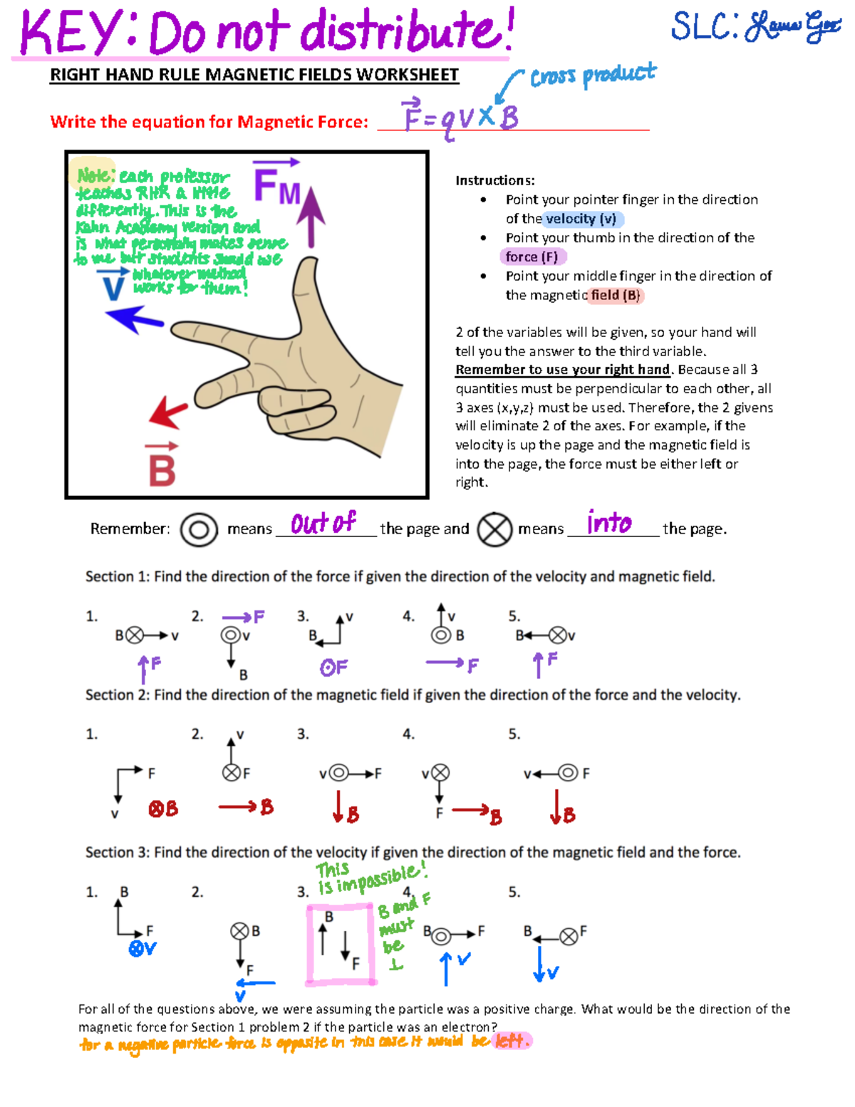 Key for RHR wksheet - RIGHT HAND RULE MAGNETIC FIELDS WORKSHEET Write ...