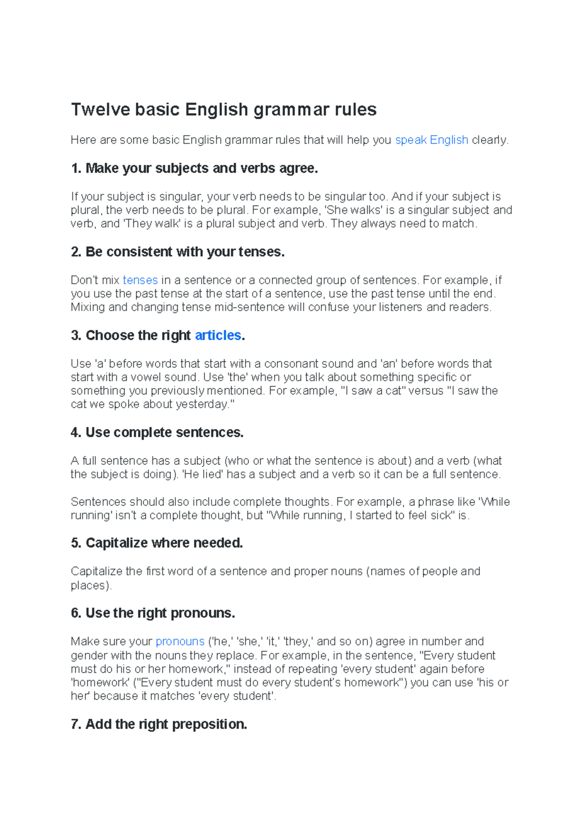 Twelve basic English grammar rules - 1. Make your subjects and verbs ...
