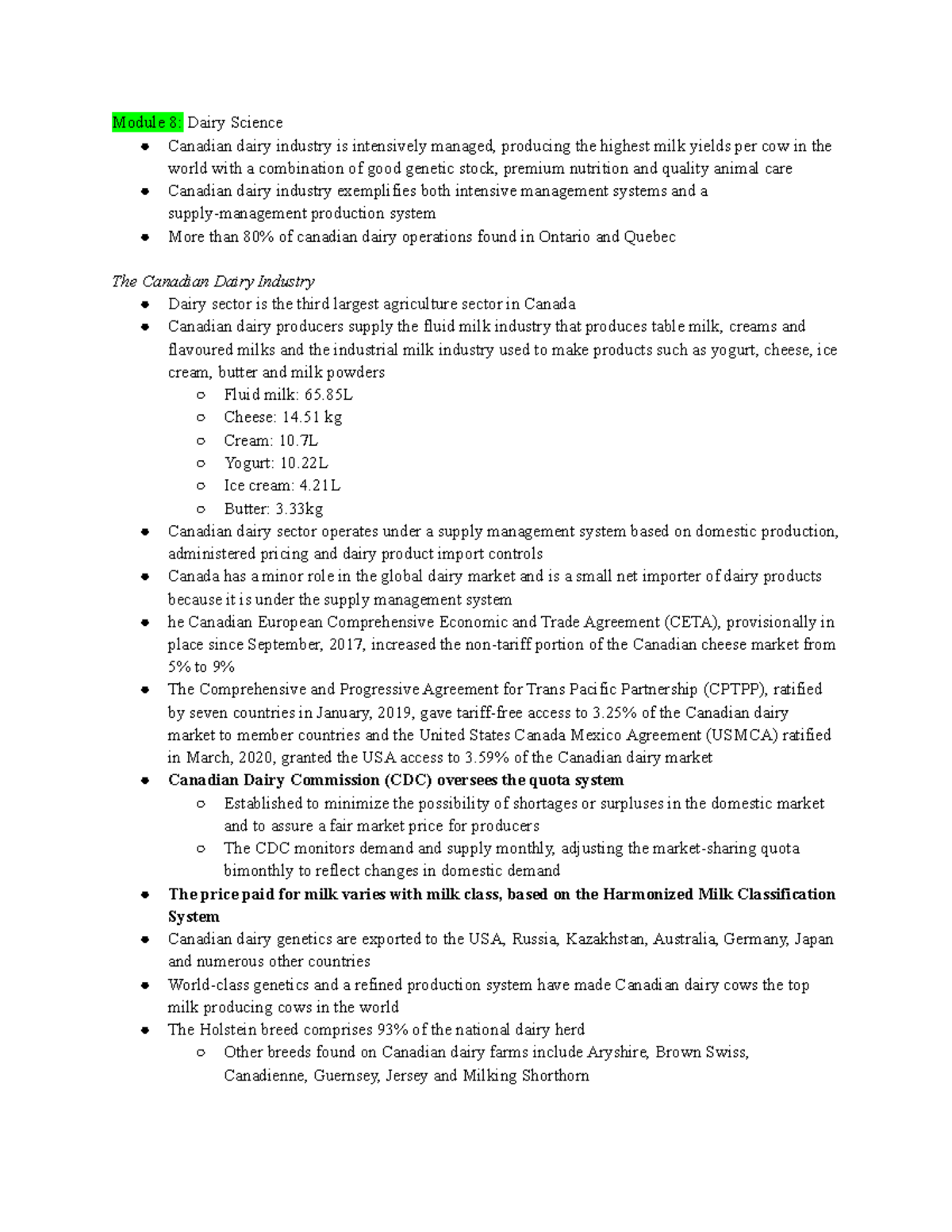 AGRC112 Dairy module 8+ - Module 8: Dairy Science Canadian dairy ...